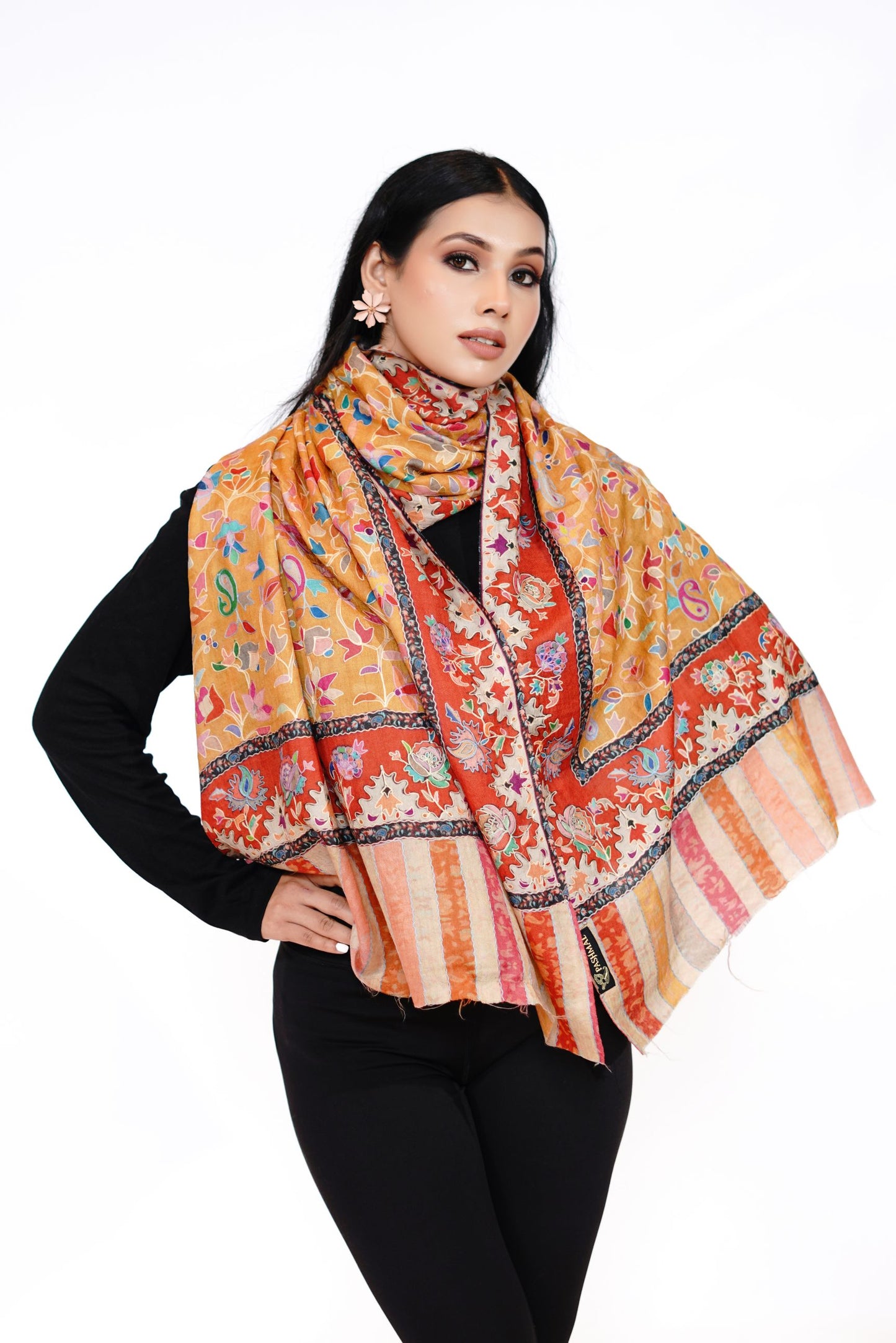 Heritage Hand Embroidered Printed Stole for Women - Mustard Yellow