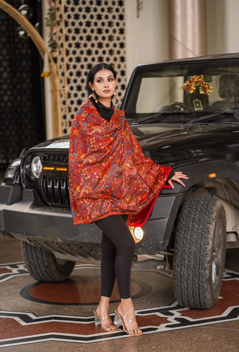 Heritage Jaal Jamawar Shawl for Women - Crimson Red