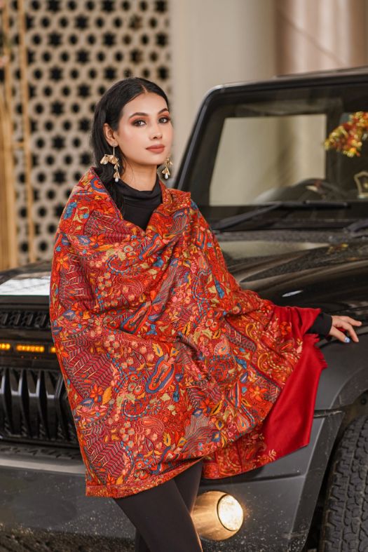 Heritage Jaal Jamawar Shawl for Women - Crimson Red