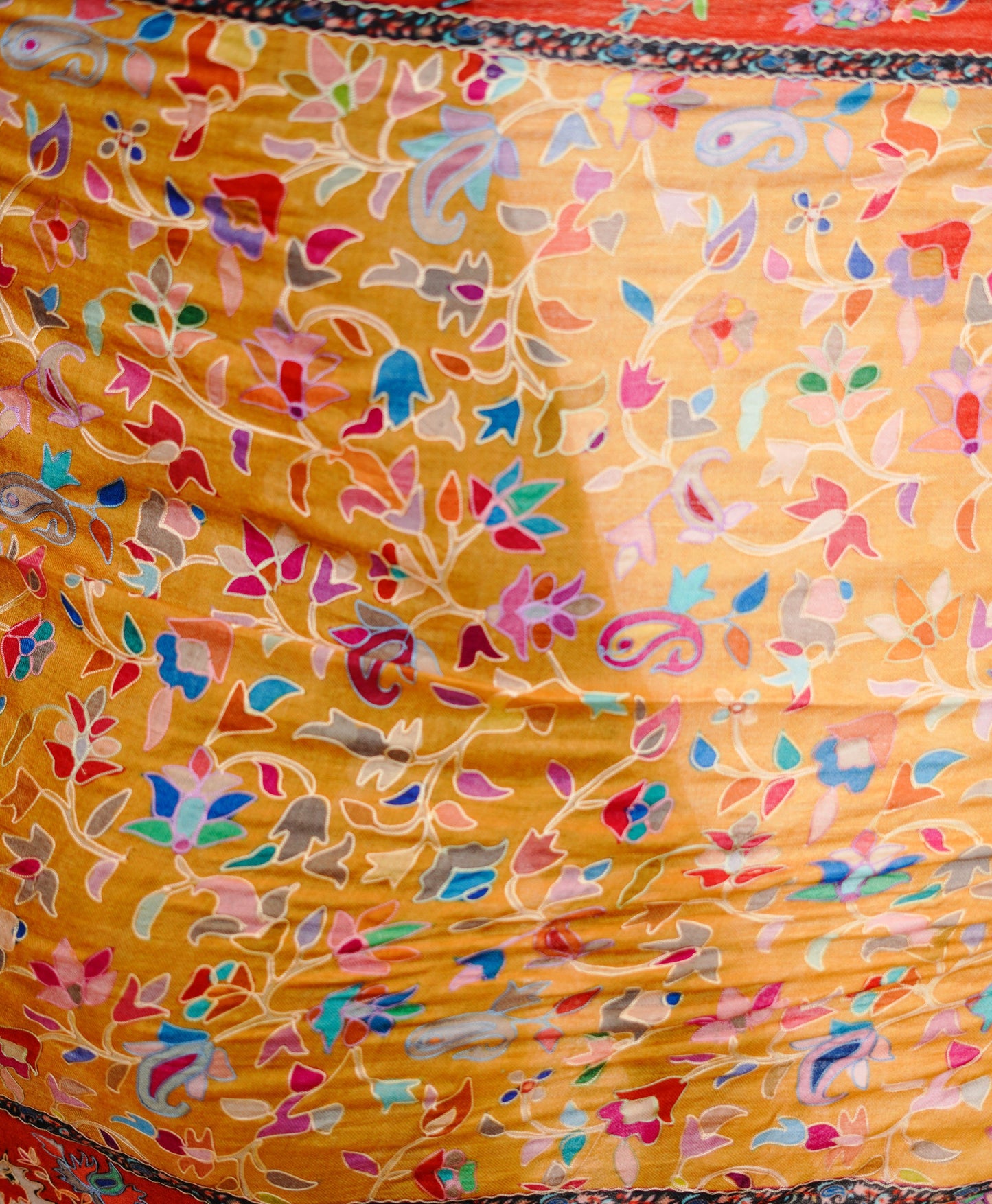 Heritage Hand Embroidered Printed Stole for Women - Mustard Yellow