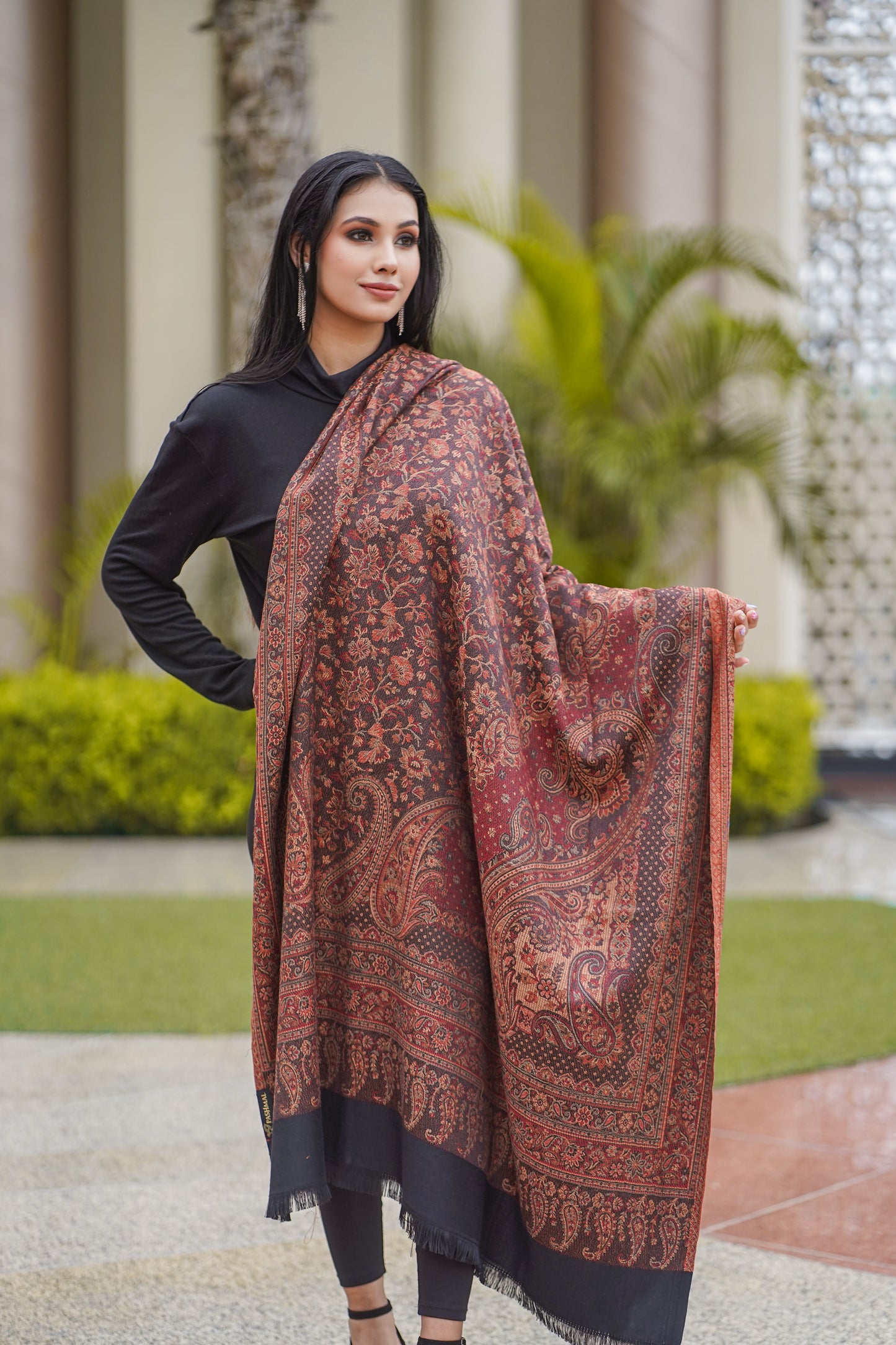 Women's Traditional Pashmina Faux Shawl- Black & Maroon Mosaic