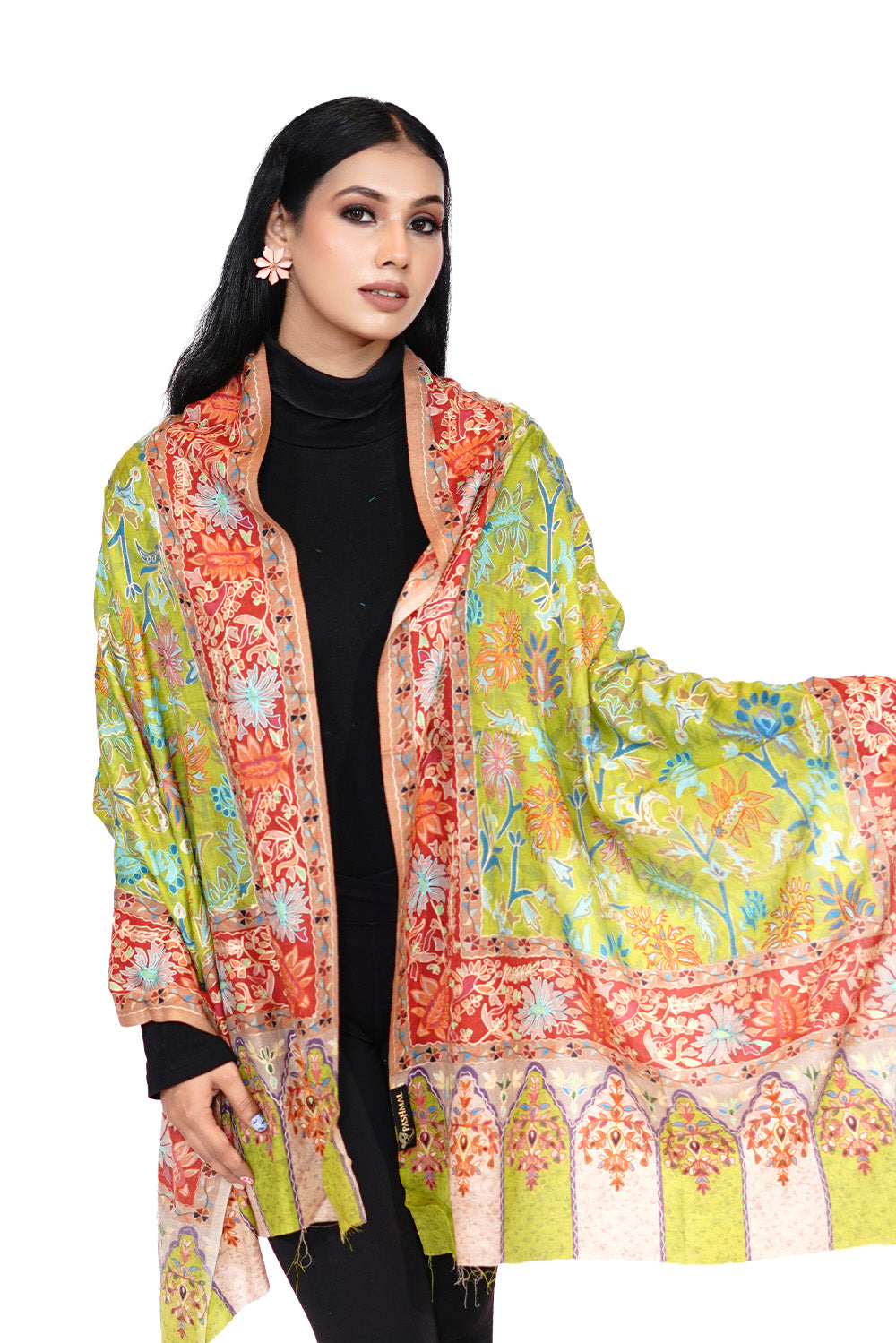 Heritage Hand Embroidered Printed Stole for Women - Lime Yellow