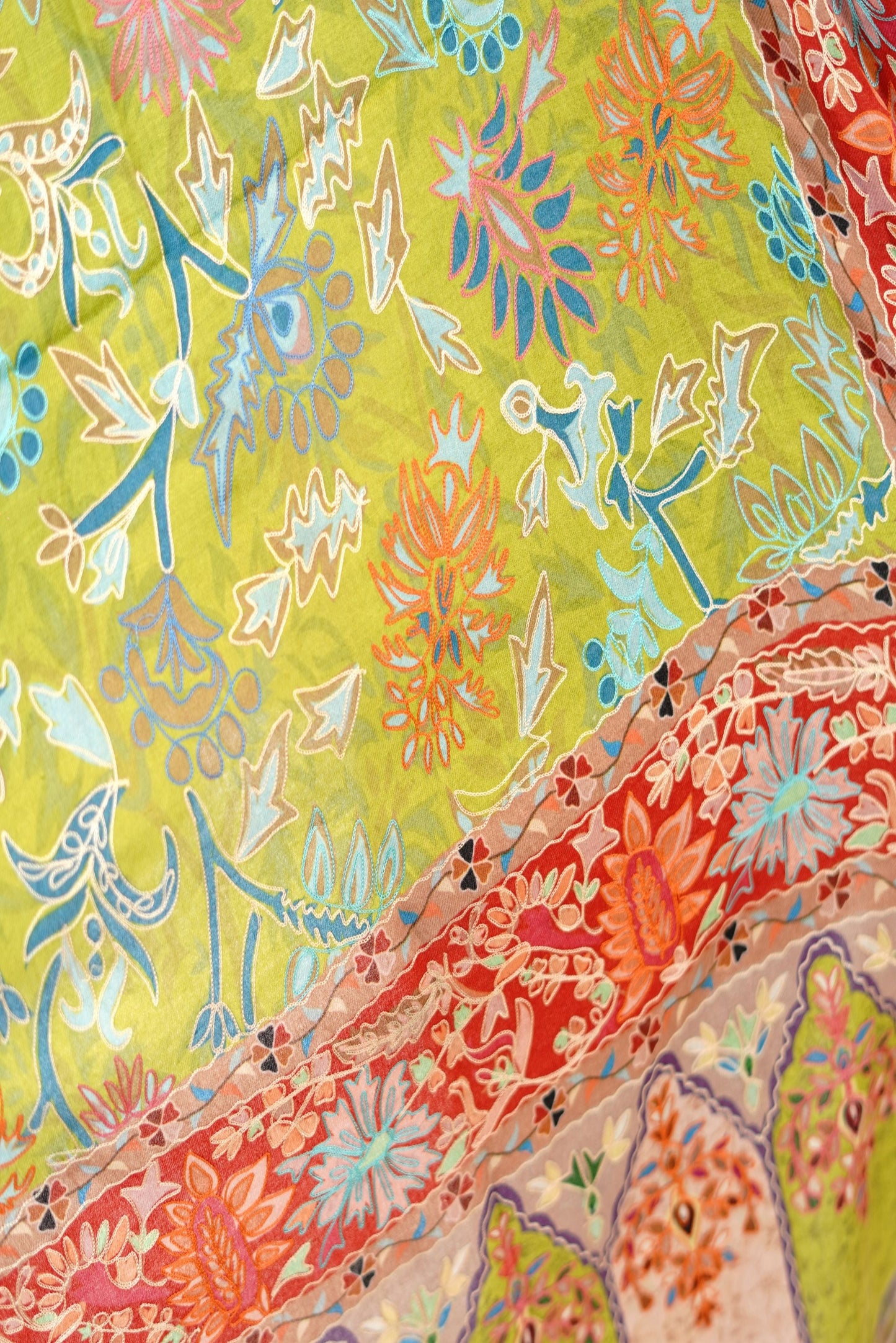 Heritage Hand Embroidered Printed Stole for Women - Lime Yellow