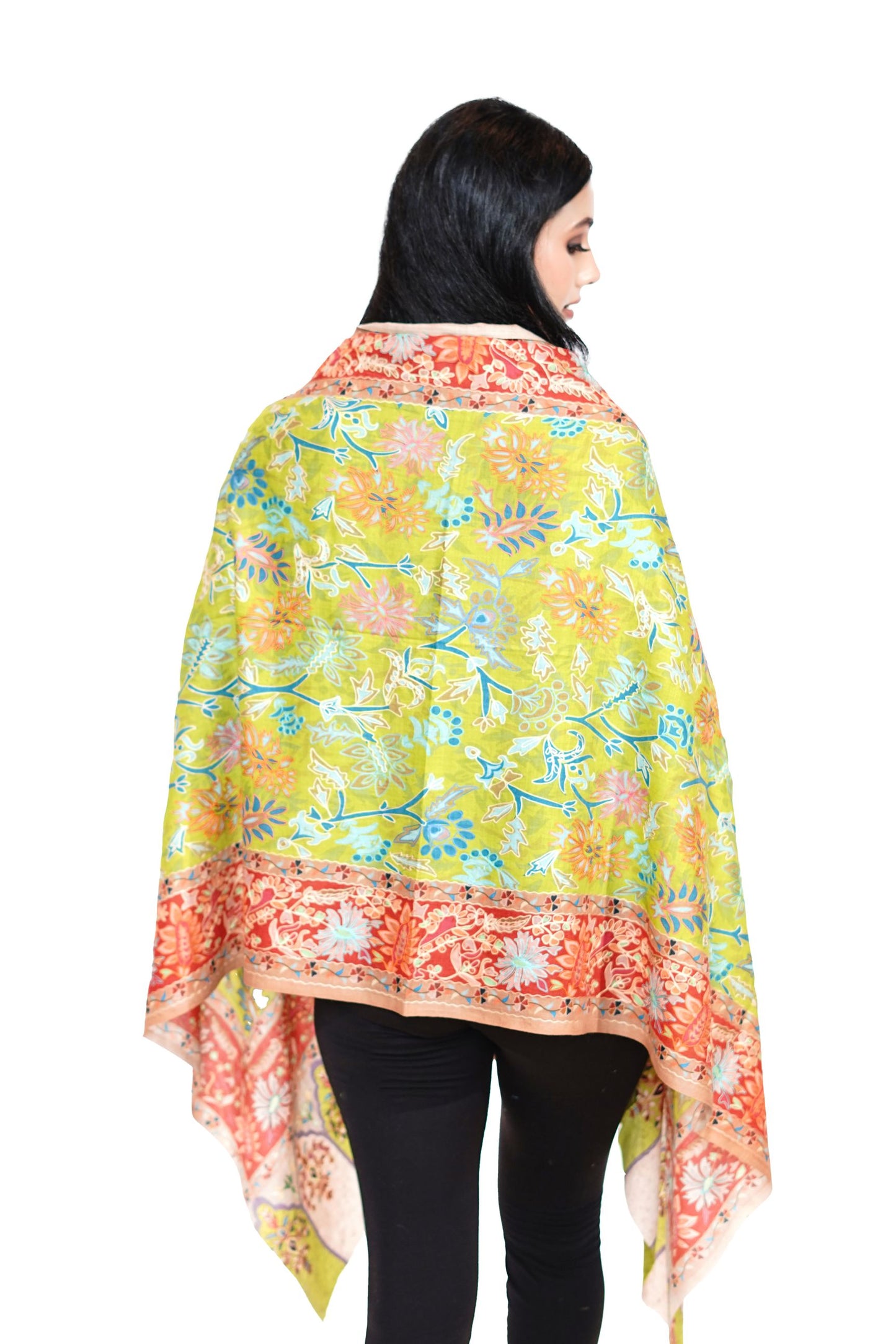 Heritage Hand Embroidered Printed Stole for Women - Lime Yellow