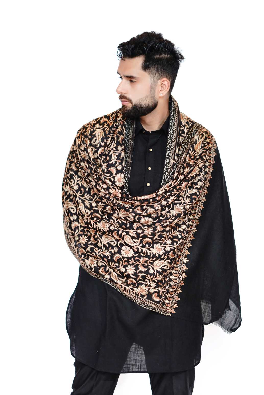 Men's Woollen Traditional Aari Embroidered Stole – Royalty Redefined (Classic black)