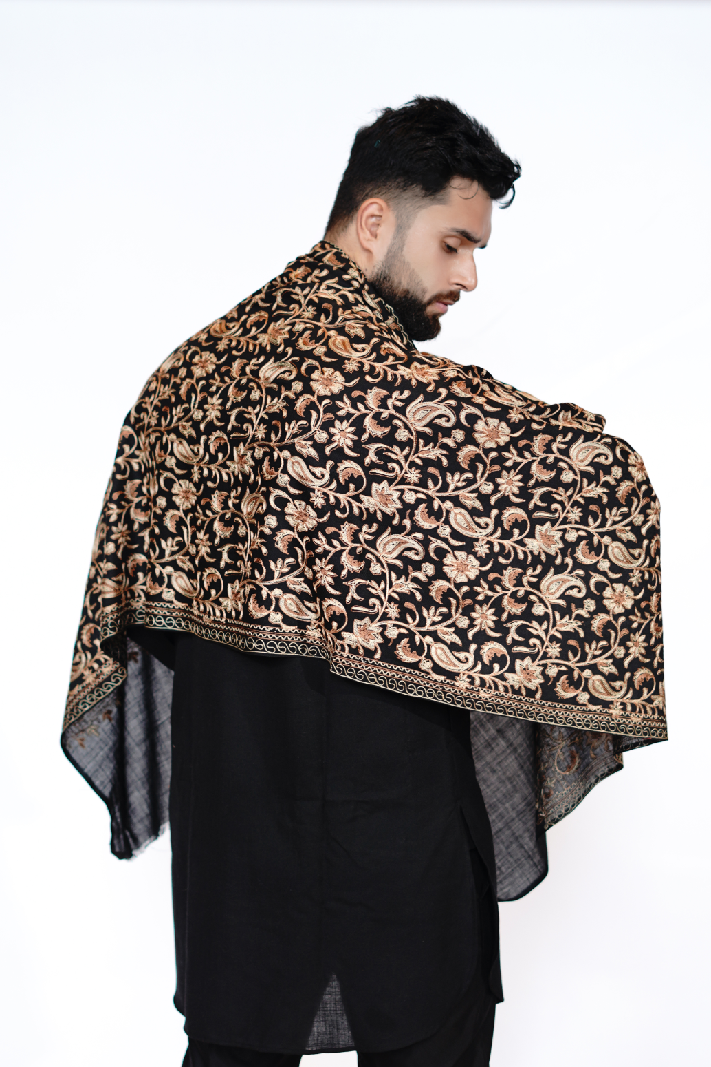 Men's Woollen Traditional Aari Embroidered Stole – Royalty Redefined (Classic black)
