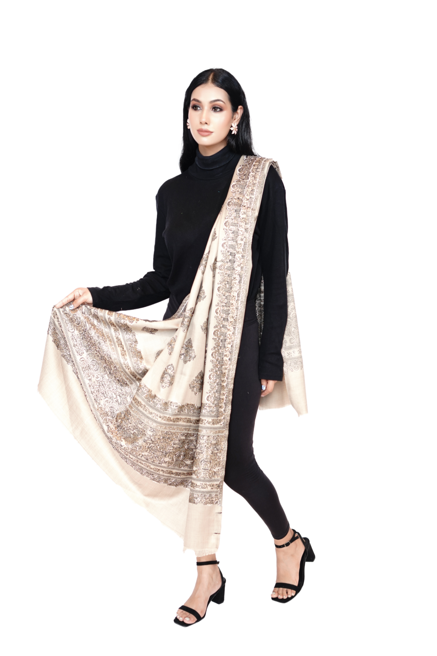 Women's Traditional Woollen Jamawar Shawl with Zari Work- Ivory Elegance