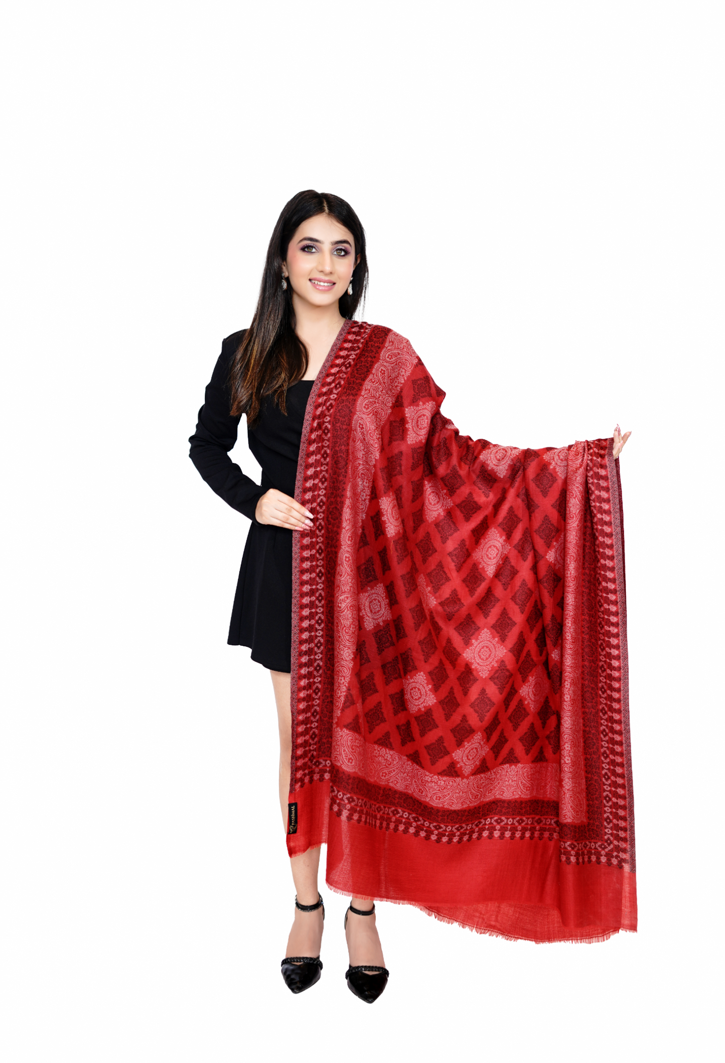 Women's Traditional Ethnic Weave Woollen Shawl - Ethereal Red