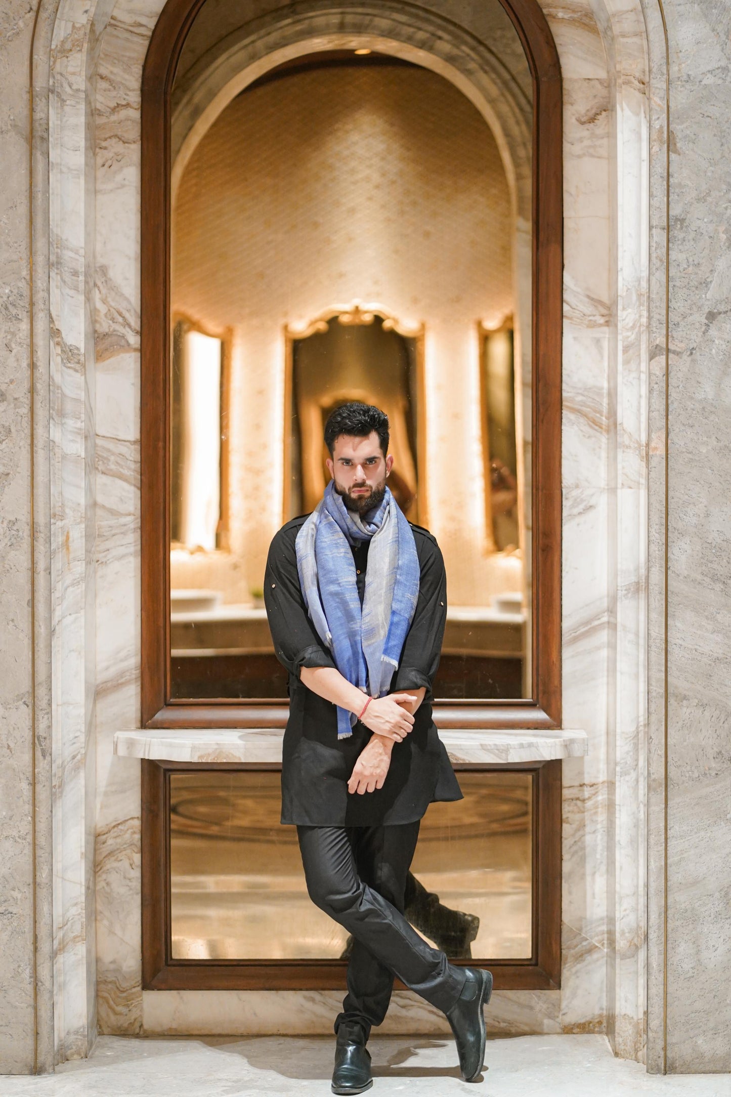 Woollen Zari Stole for Men - Icy Blue | Extra Soft & Warm