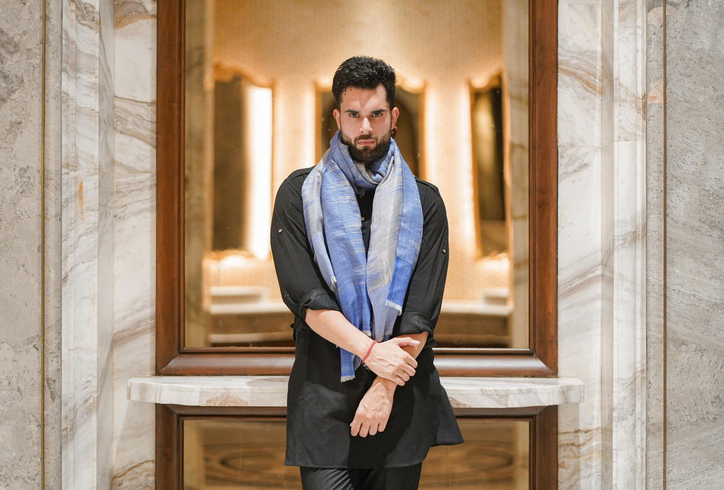 Woollen Zari Stole for Men - Icy Blue | Extra Soft & Warm