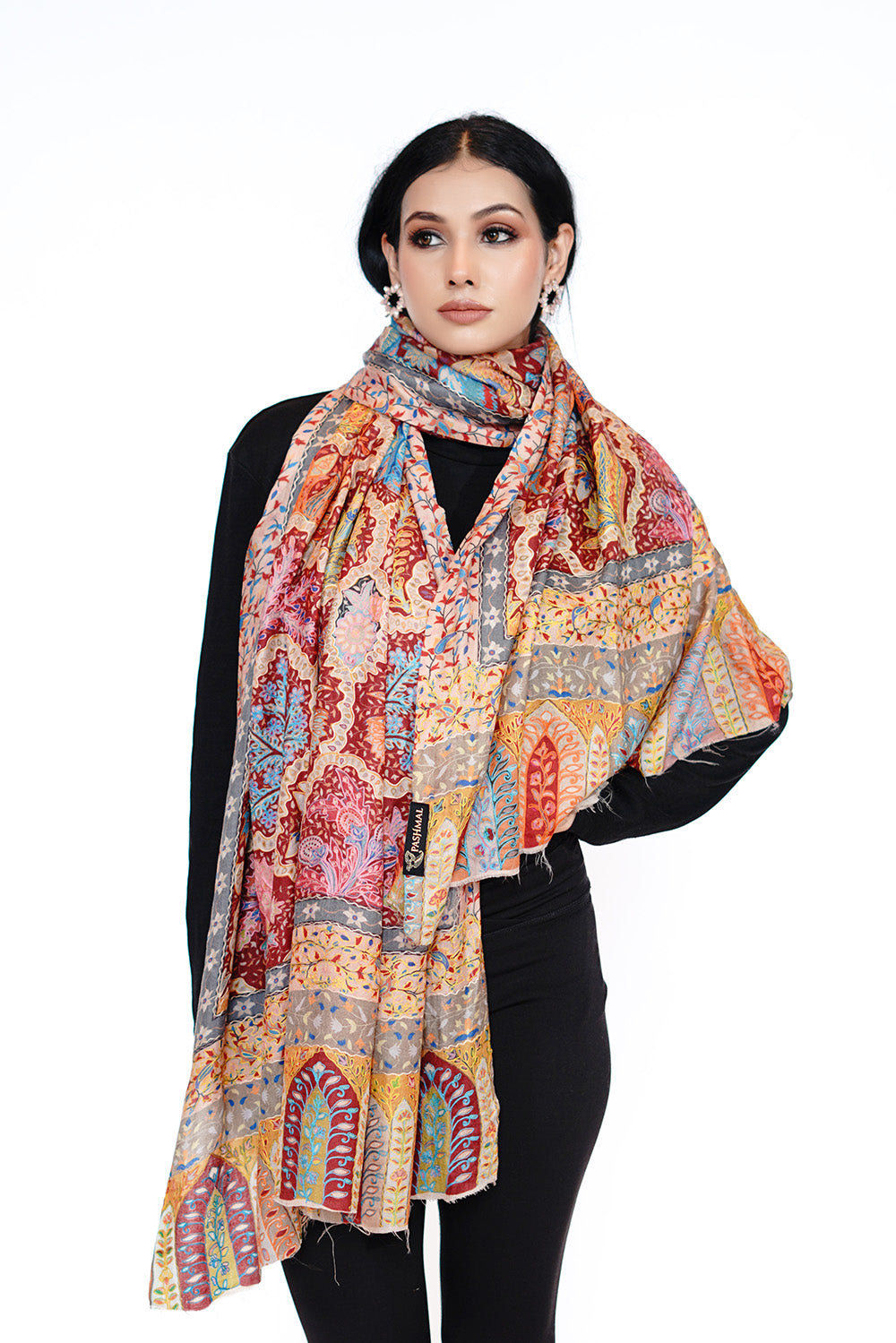 Heritage Rustic Red Hand Embroidered Printed Shawl for Women