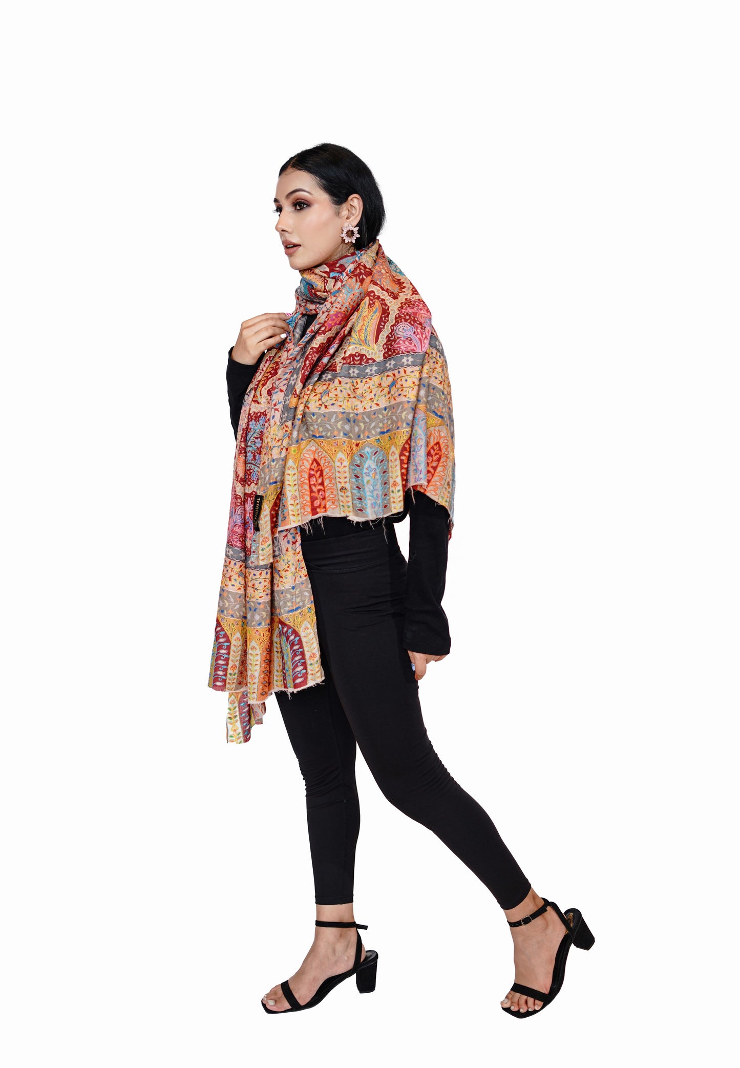 Heritage Rustic Red Hand Embroidered Printed Shawl for Women