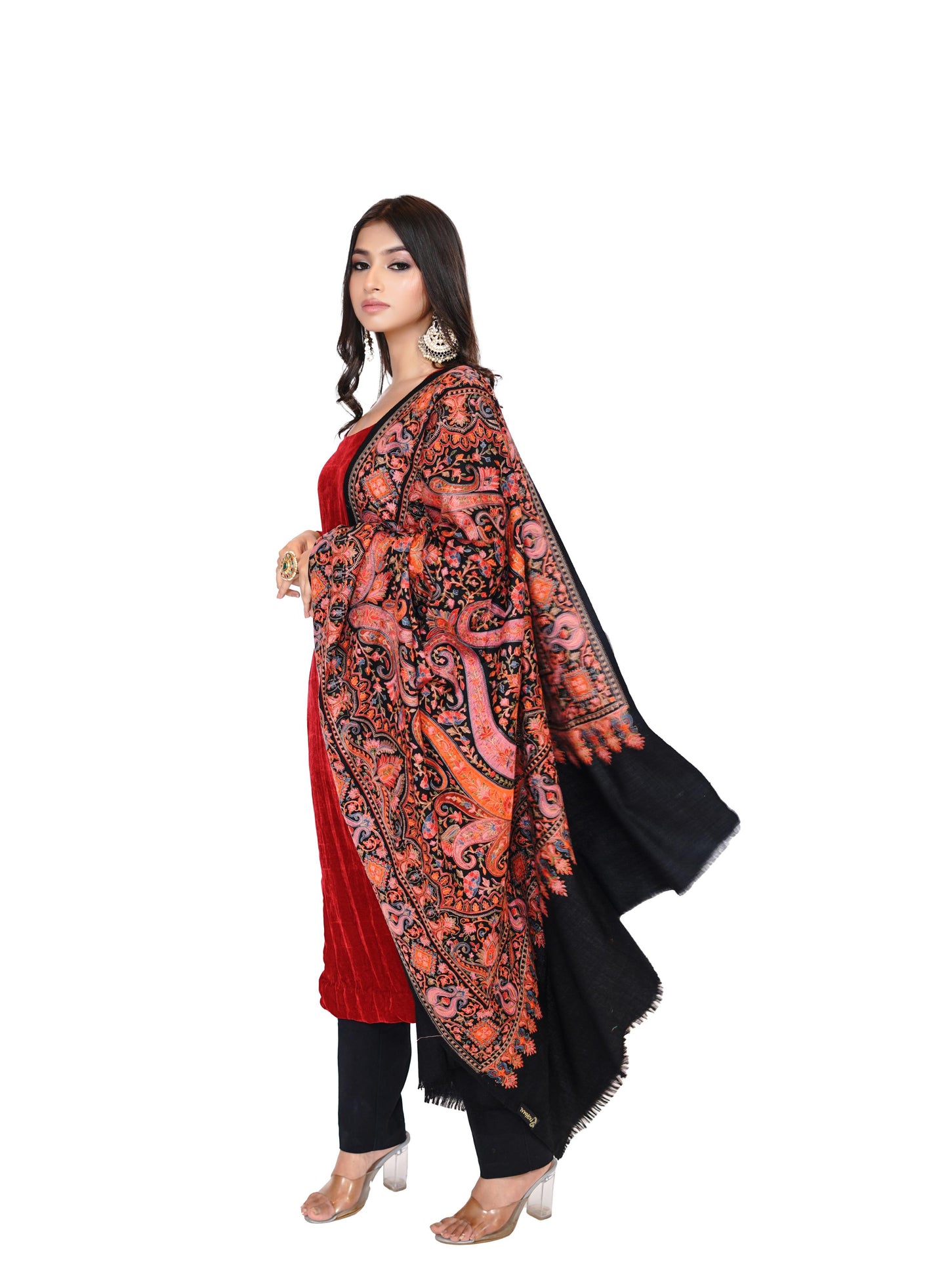 Heritage Embroidered Jaal Jamawar Shawl for Women - Classic Black