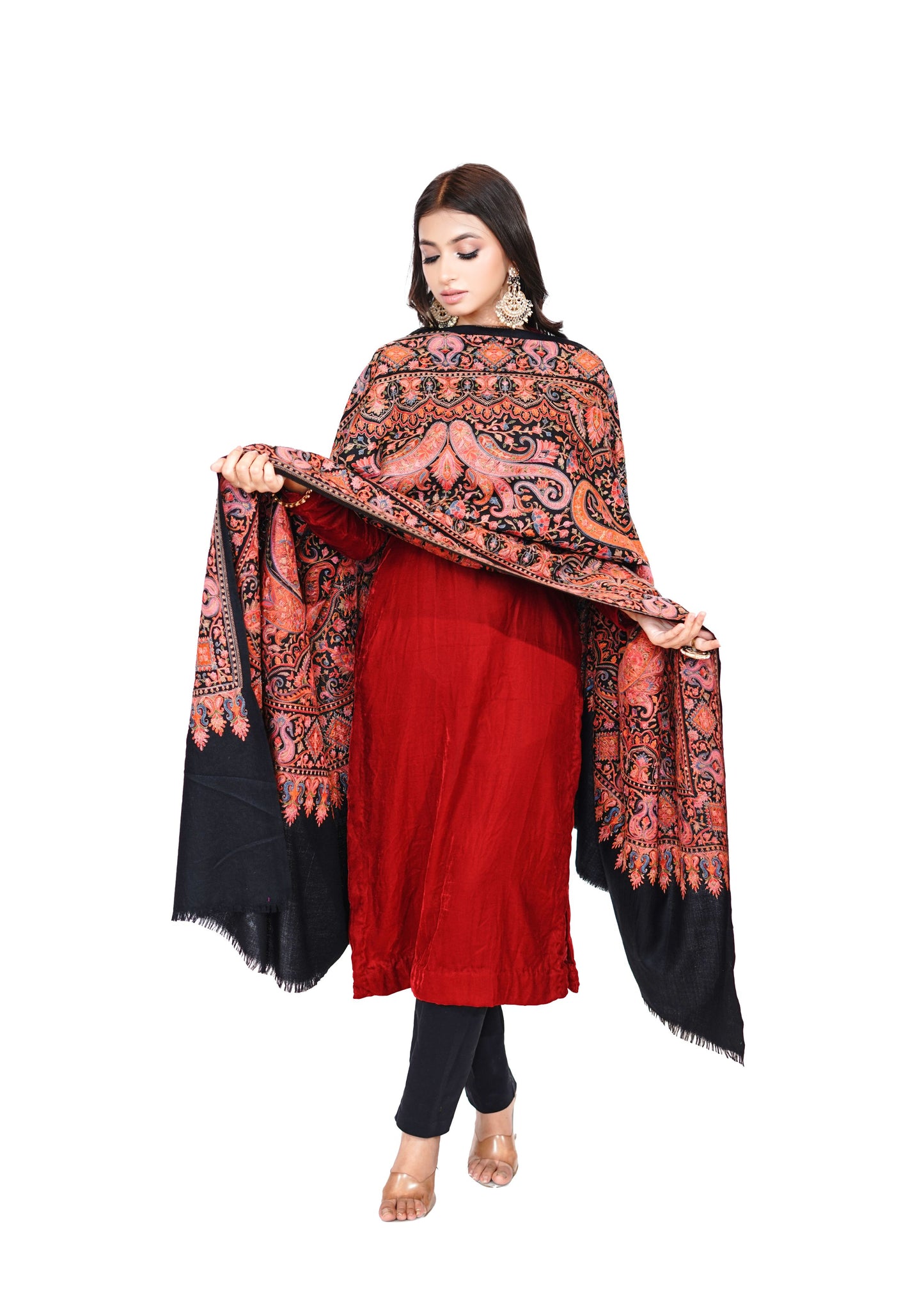 Heritage Mughal Darbaar WoolenShawl for Women - Classic Black
