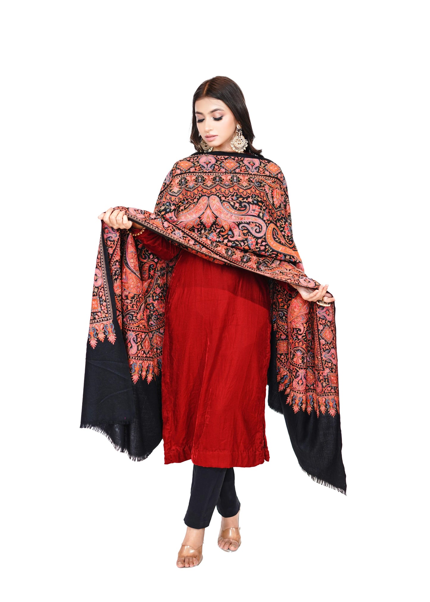 Heritage Embroidered Jaal Jamawar Shawl for Women - Classic Black