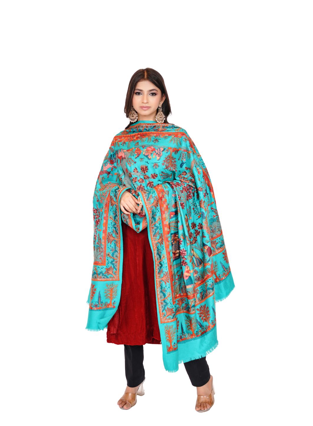 Heritage Mughal Darbaar Woolen Shawl for Women - Sky Blue