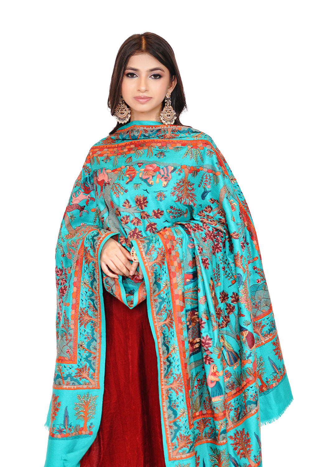Heritage Mughal Darbaar Woolen Shawl for Women - Sky Blue