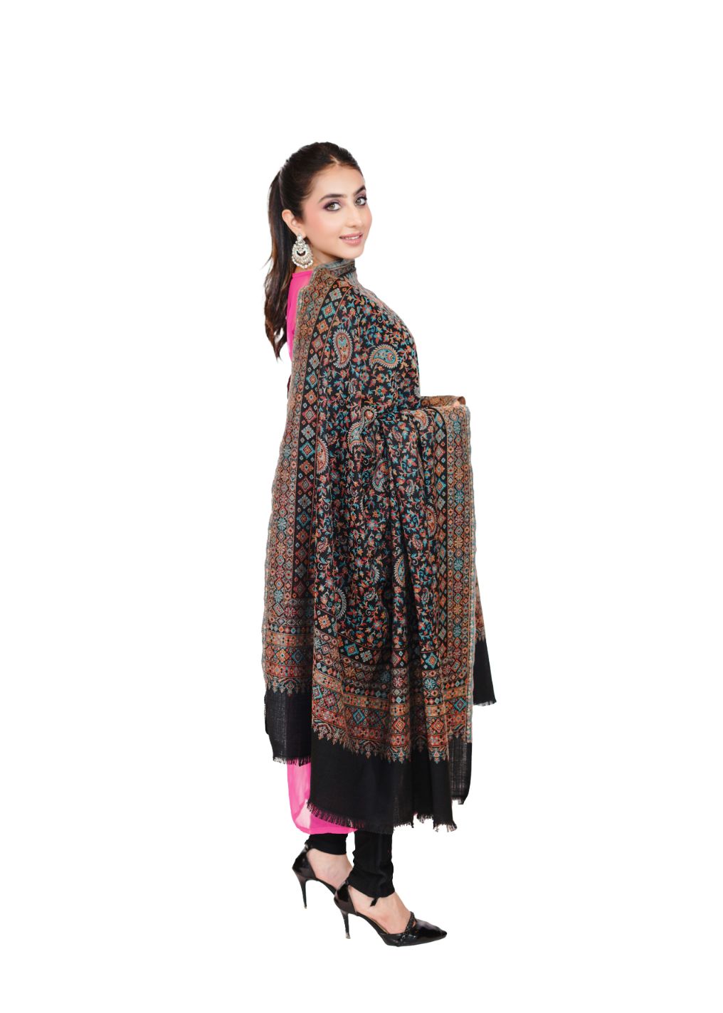 Women's Fine Wool Traditional Jamawar Kani Shawl - Classic Black