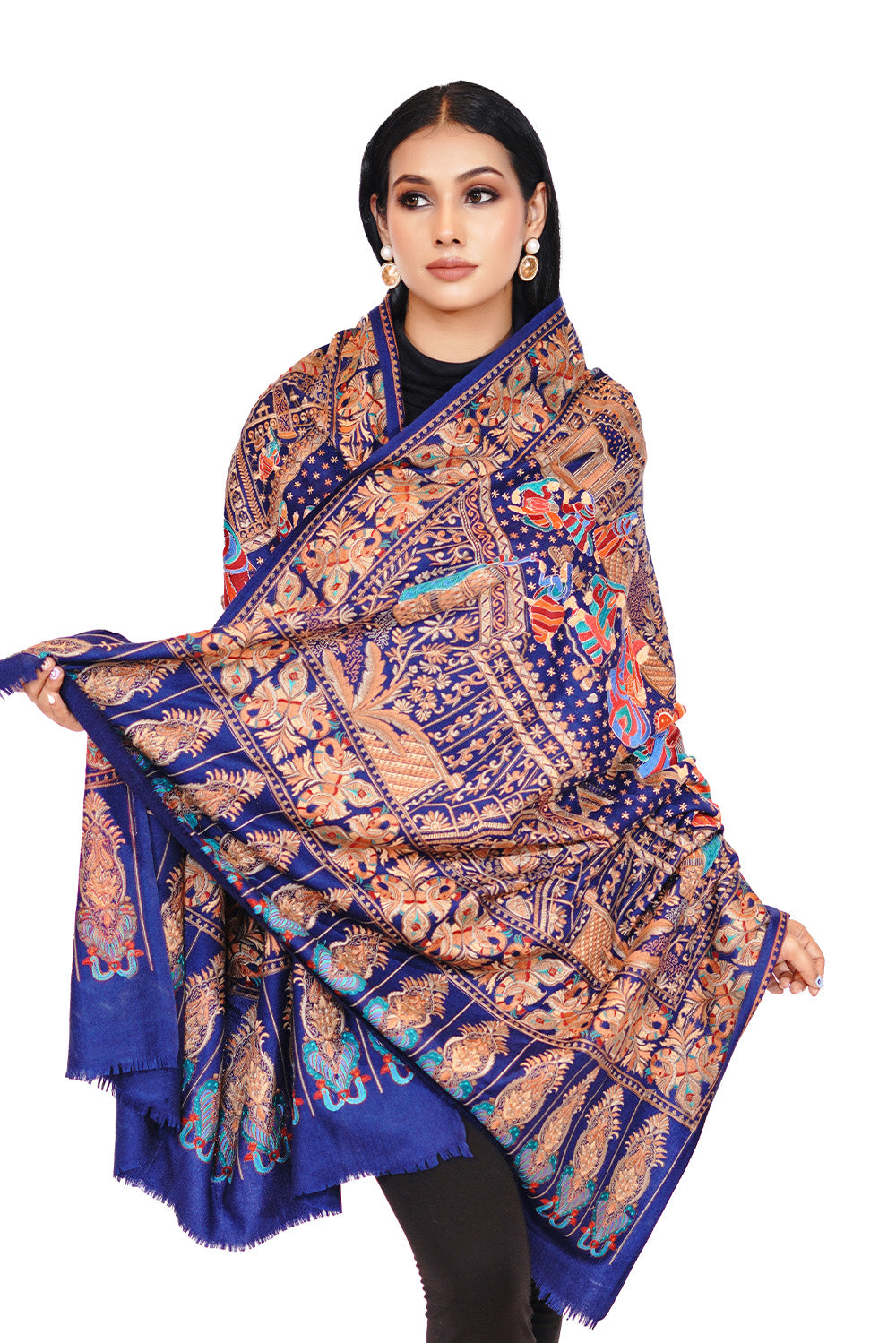 Heritage Mughal Darbaar Woolen Shawl for Women - Royal Blue