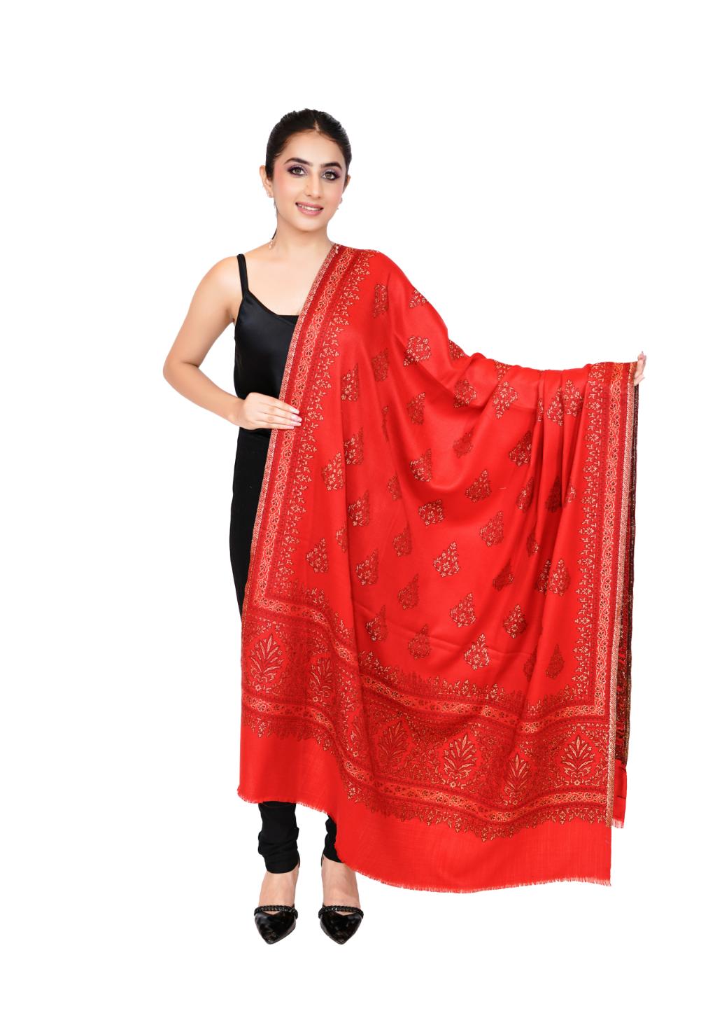 Women's Traditional Woollen Jamawar Shawl with Zari Work- Crimson Charm | Ultra Soft & Warm