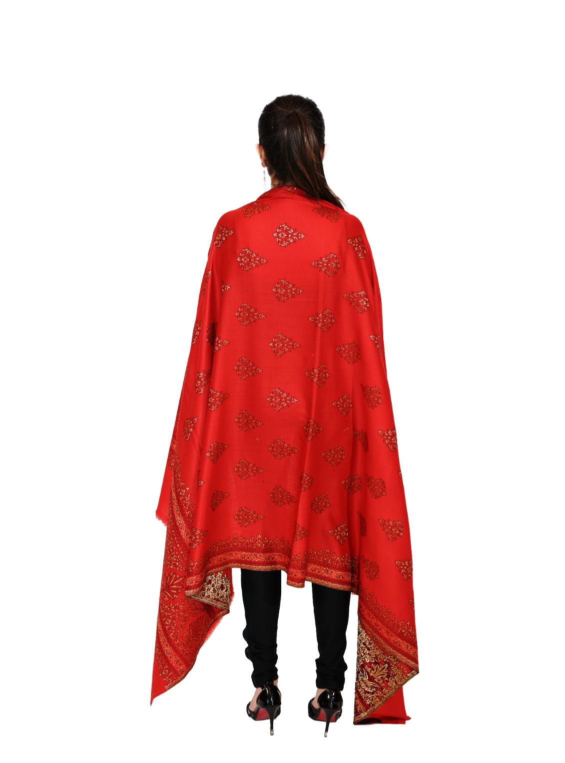 Women's Traditional Woollen Jamawar Shawl with Zari Work- Crimson Charm | Ultra Soft & Warm