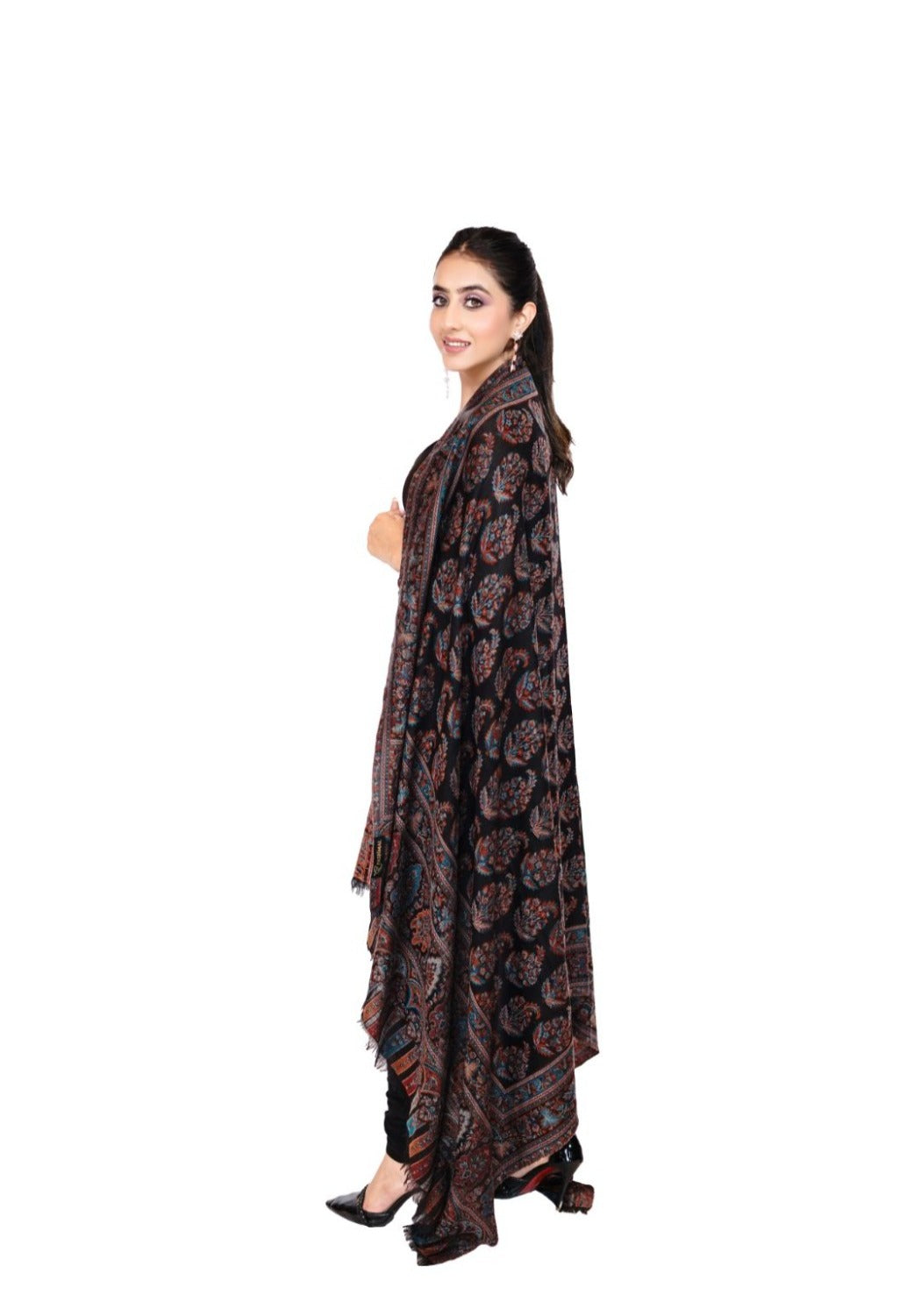 Women's Wool Blend Antique Shawl with Booti Design - Black Beauty