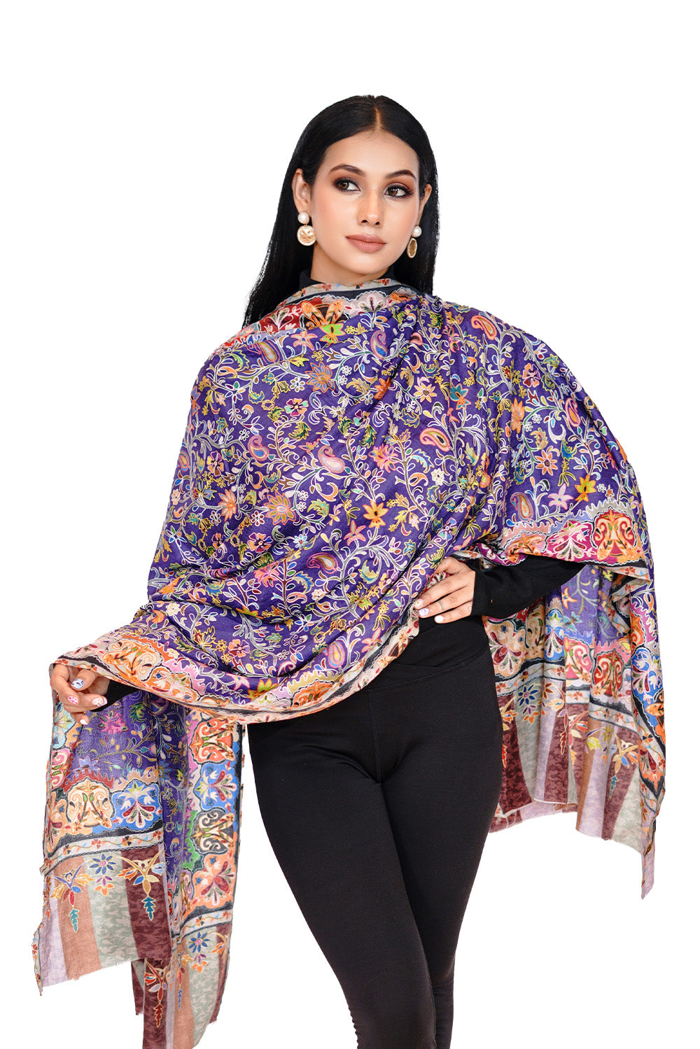 Heritage Rich Purple Hand Embroidered Printed Shawl for Women