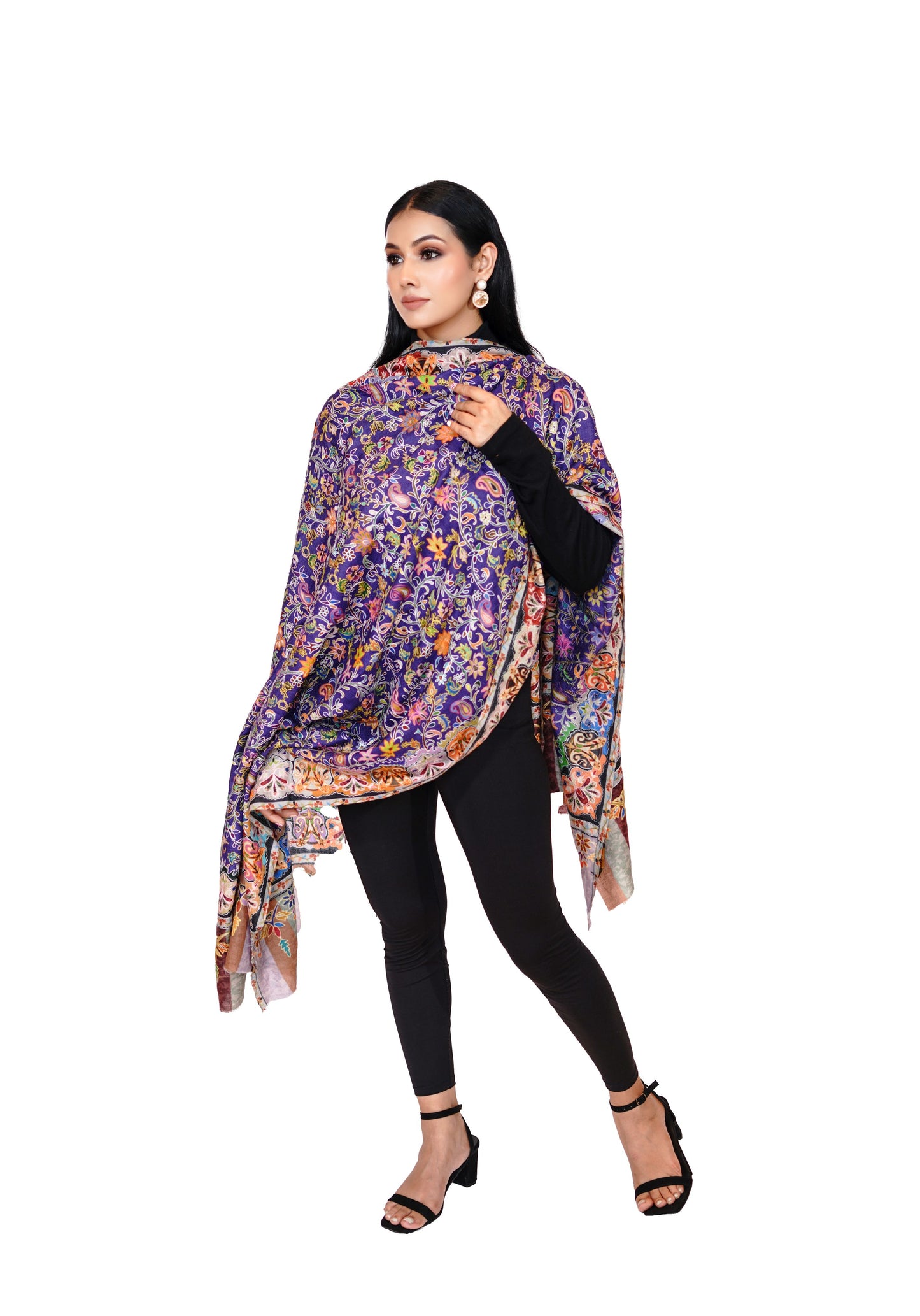 Heritage Rich Purple Hand Embroidered Printed Shawl for Women
