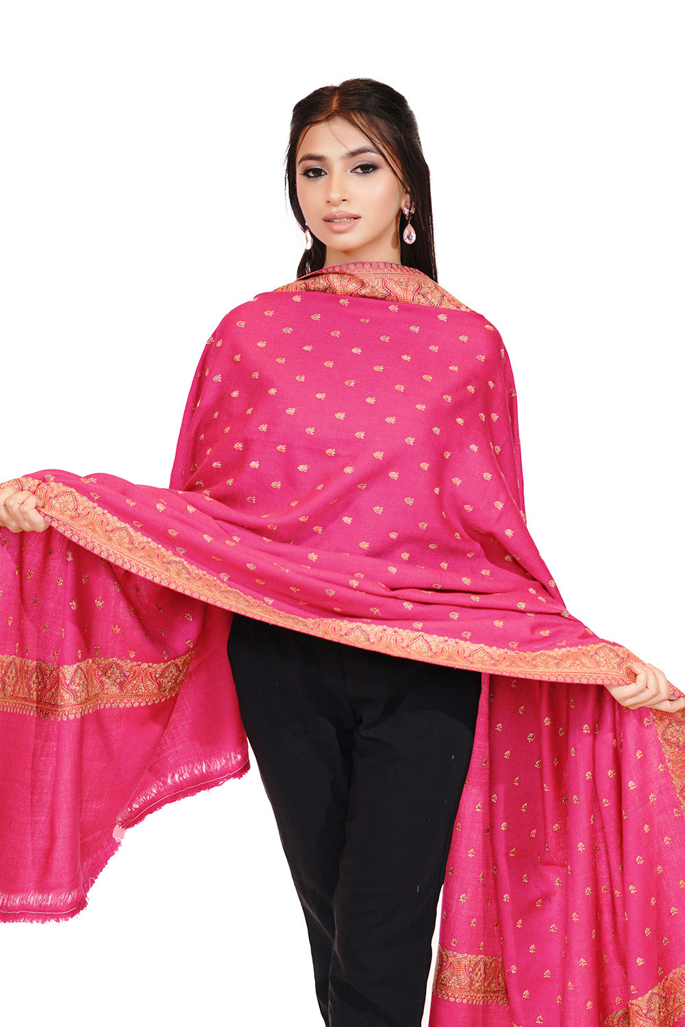 Heritage Pink Booti Embroidered Woollen Shawl for Women