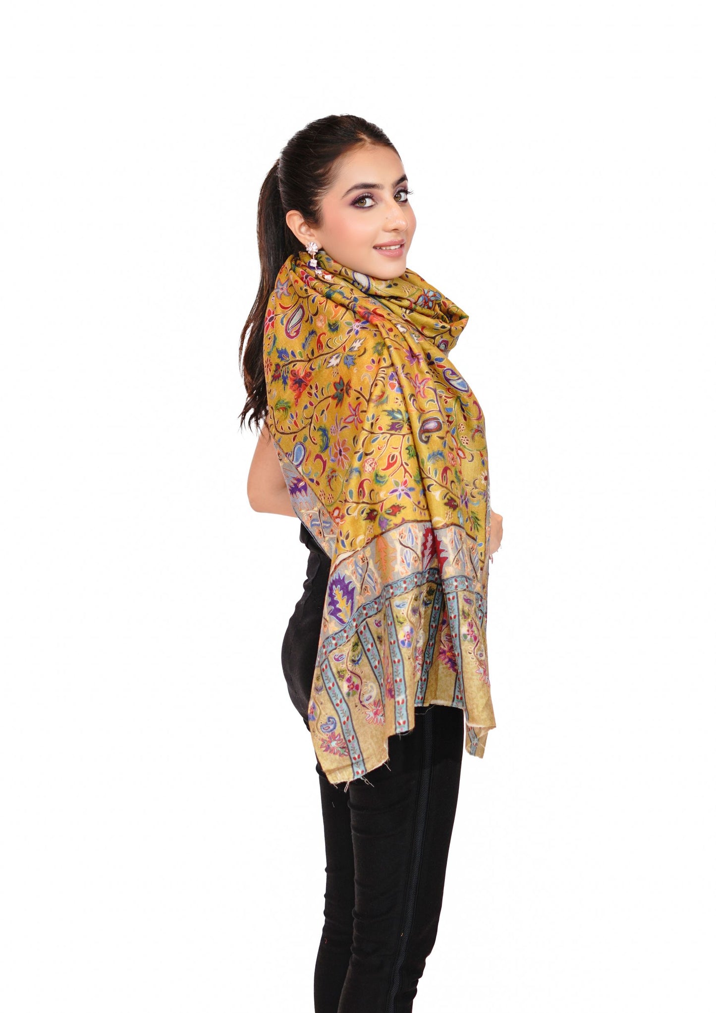 Heritage Hand Embroidered Printed Stole for Women - Mellow Yellow