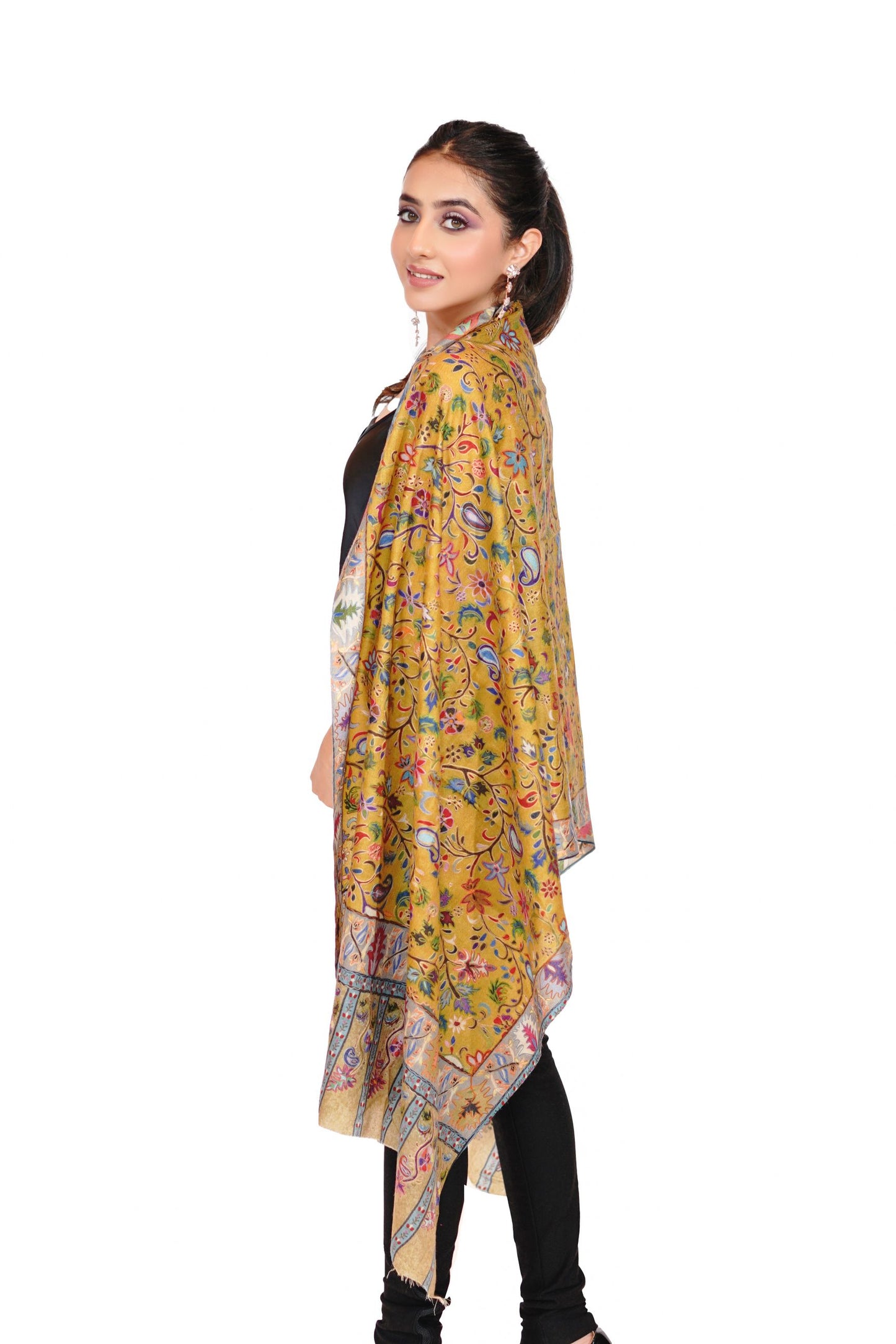 Heritage Hand Embroidered Printed Stole for Women - Mellow Yellow