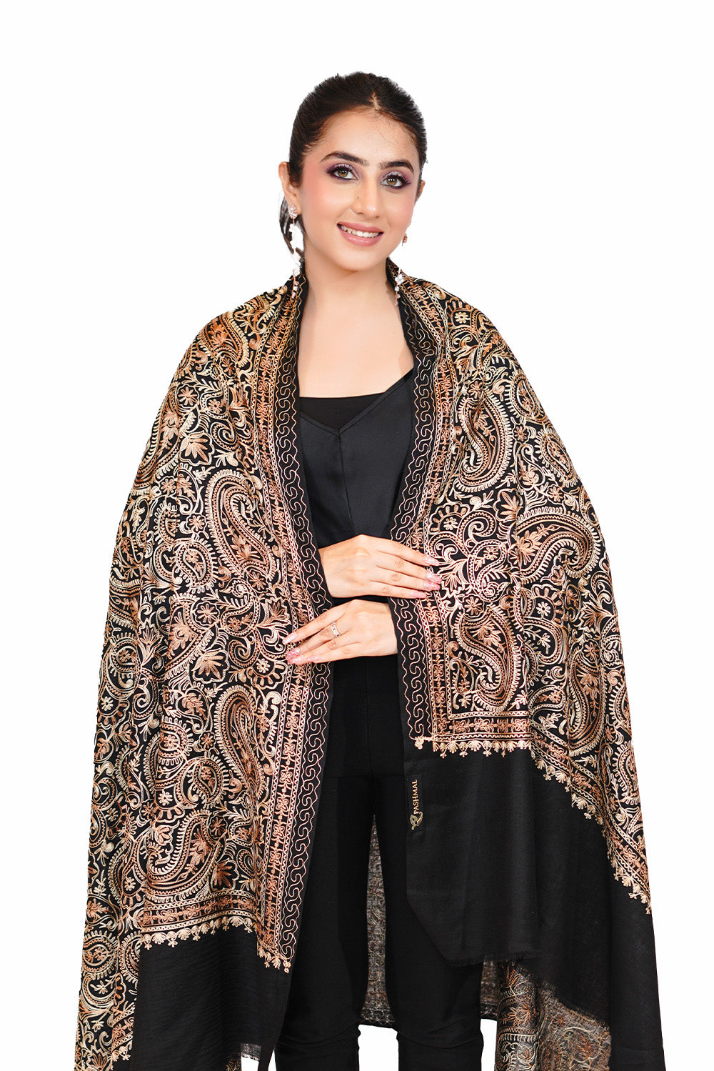Heritage Aari Embroidery Woollen Shawl for Women - Classic Black