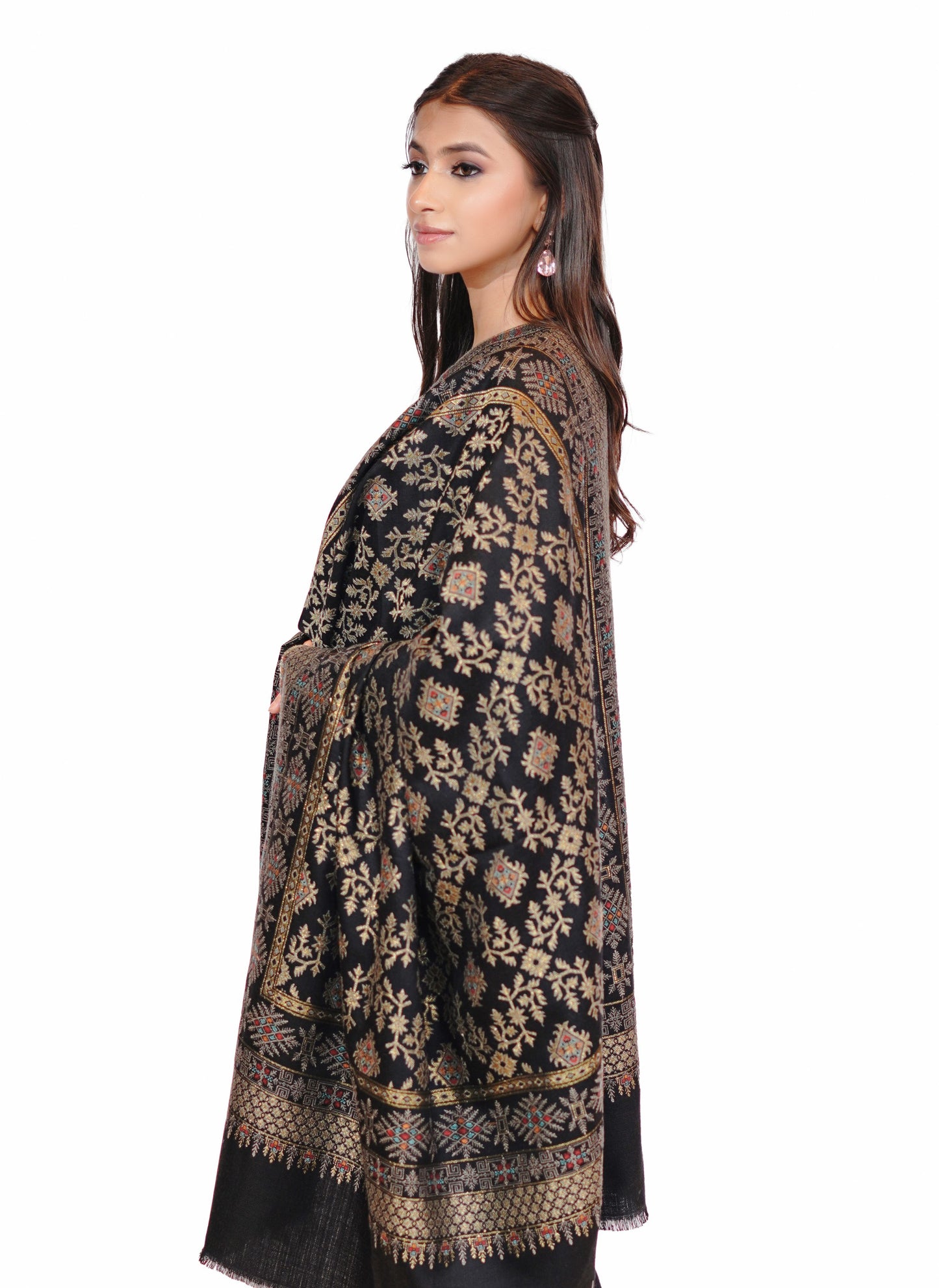 Women's Traditional Woollen Jamawar Shawl with Zari Work- Majestic Midnight