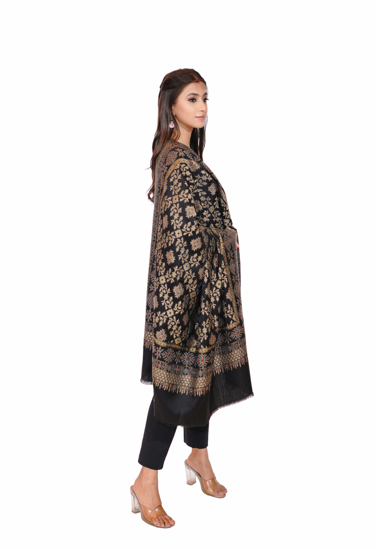 Women's Traditional Woollen Jamawar Shawl with Zari Work- Majestic Midnight