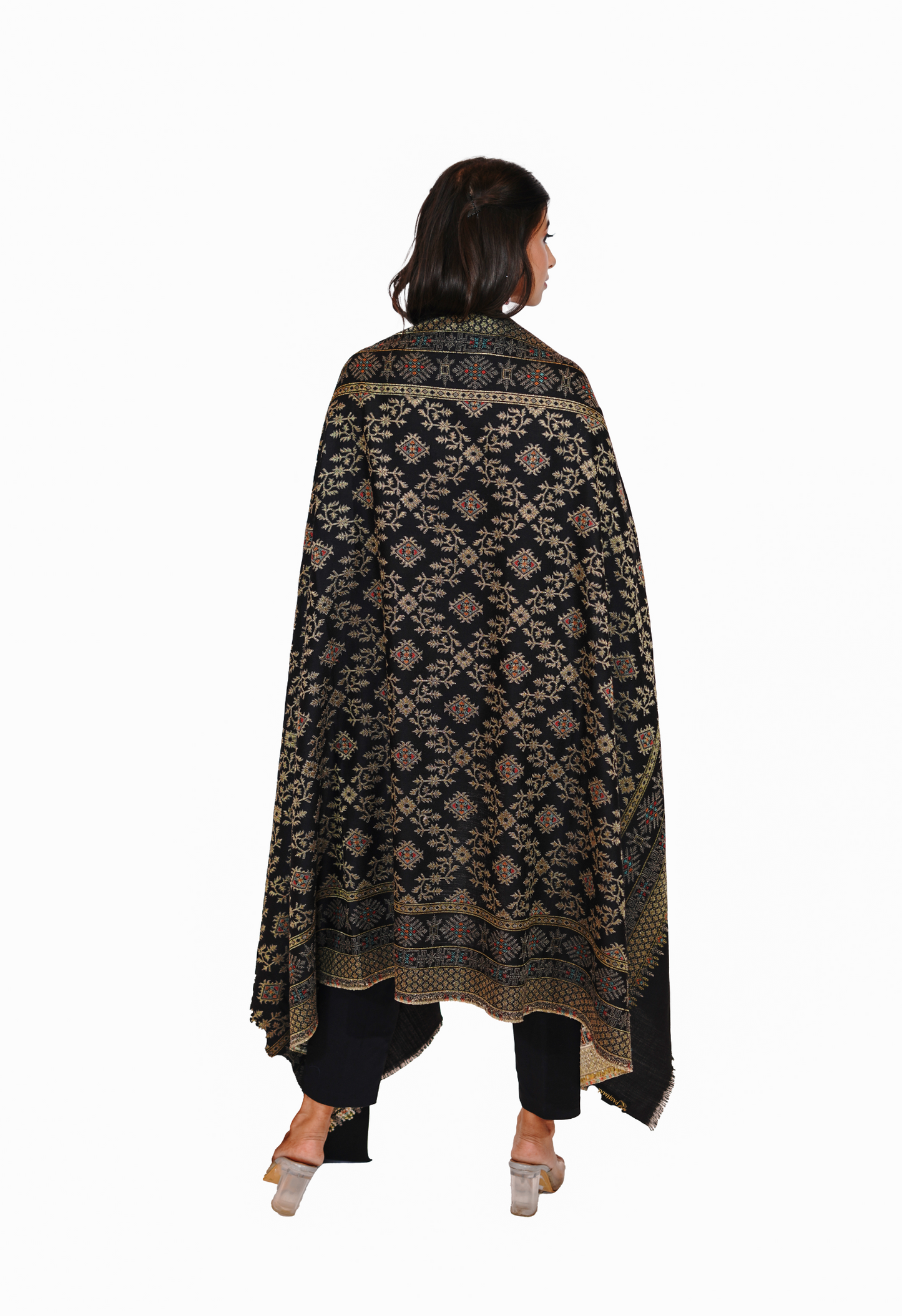 Women's Traditional Woollen Jamawar Shawl with Zari Work- Majestic Midnight