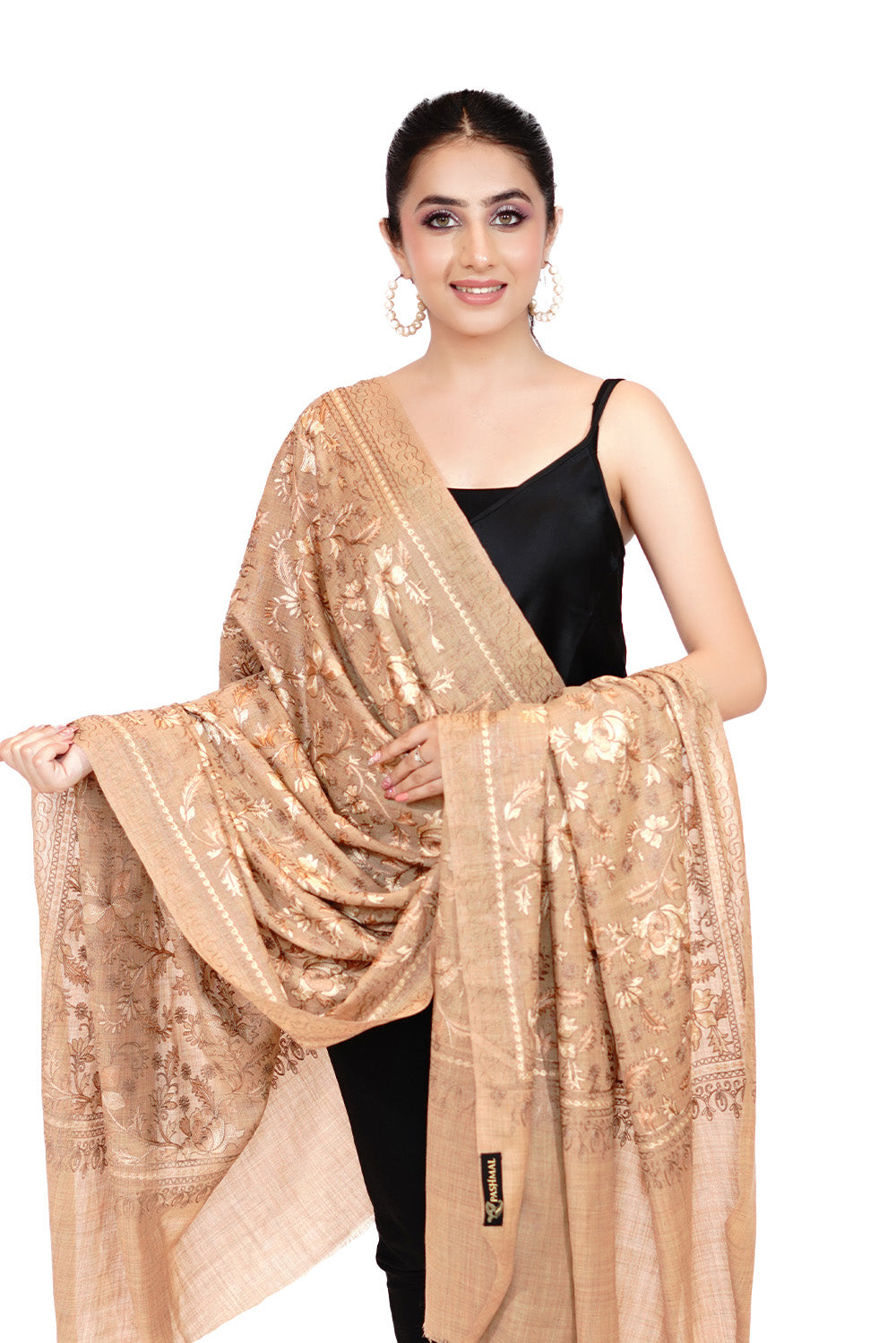 Heritage Aari Embroidery Woollen Shawl for Women - Peach