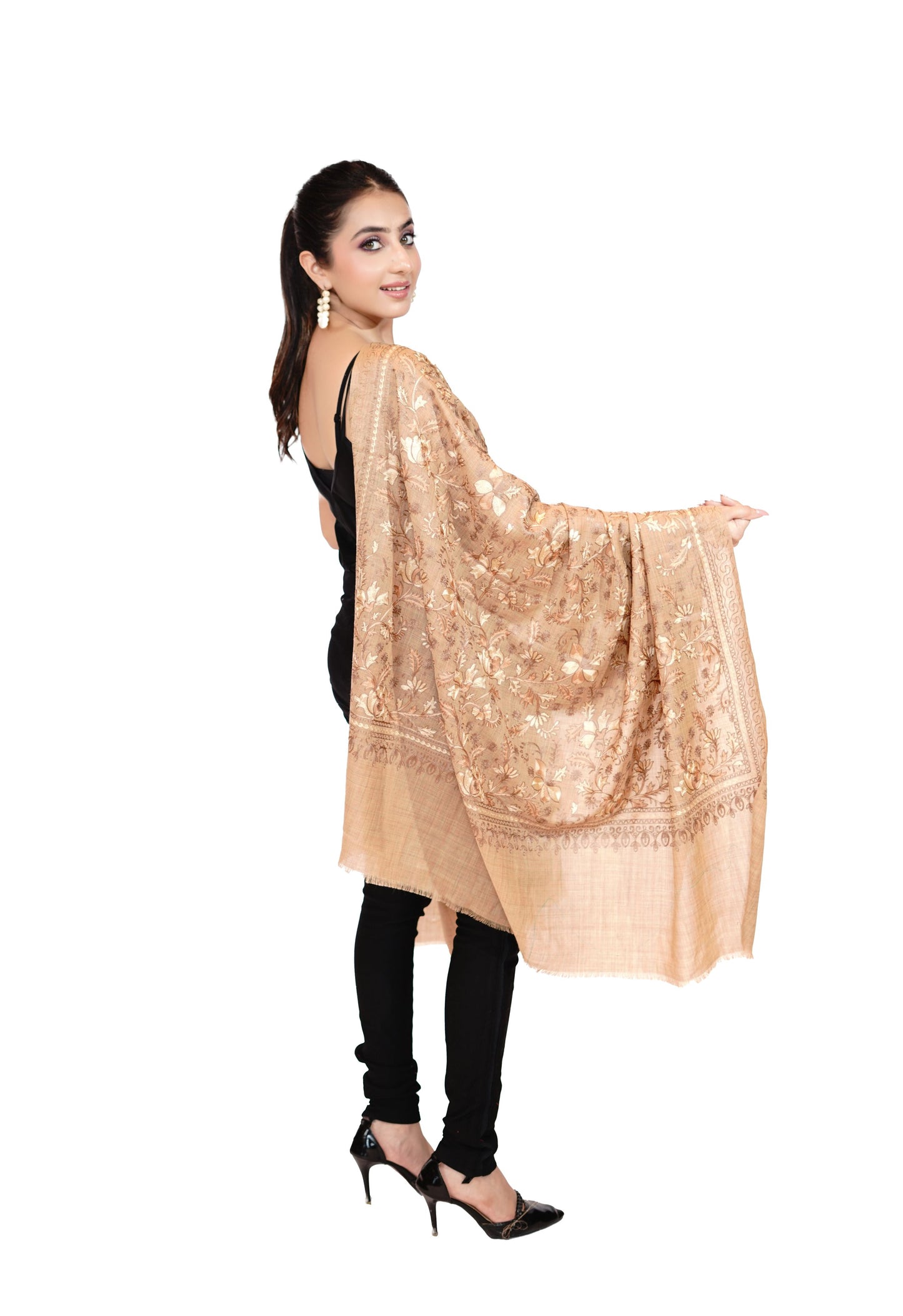 Heritage Aari Embroidery Woollen Shawl for Women - Peach