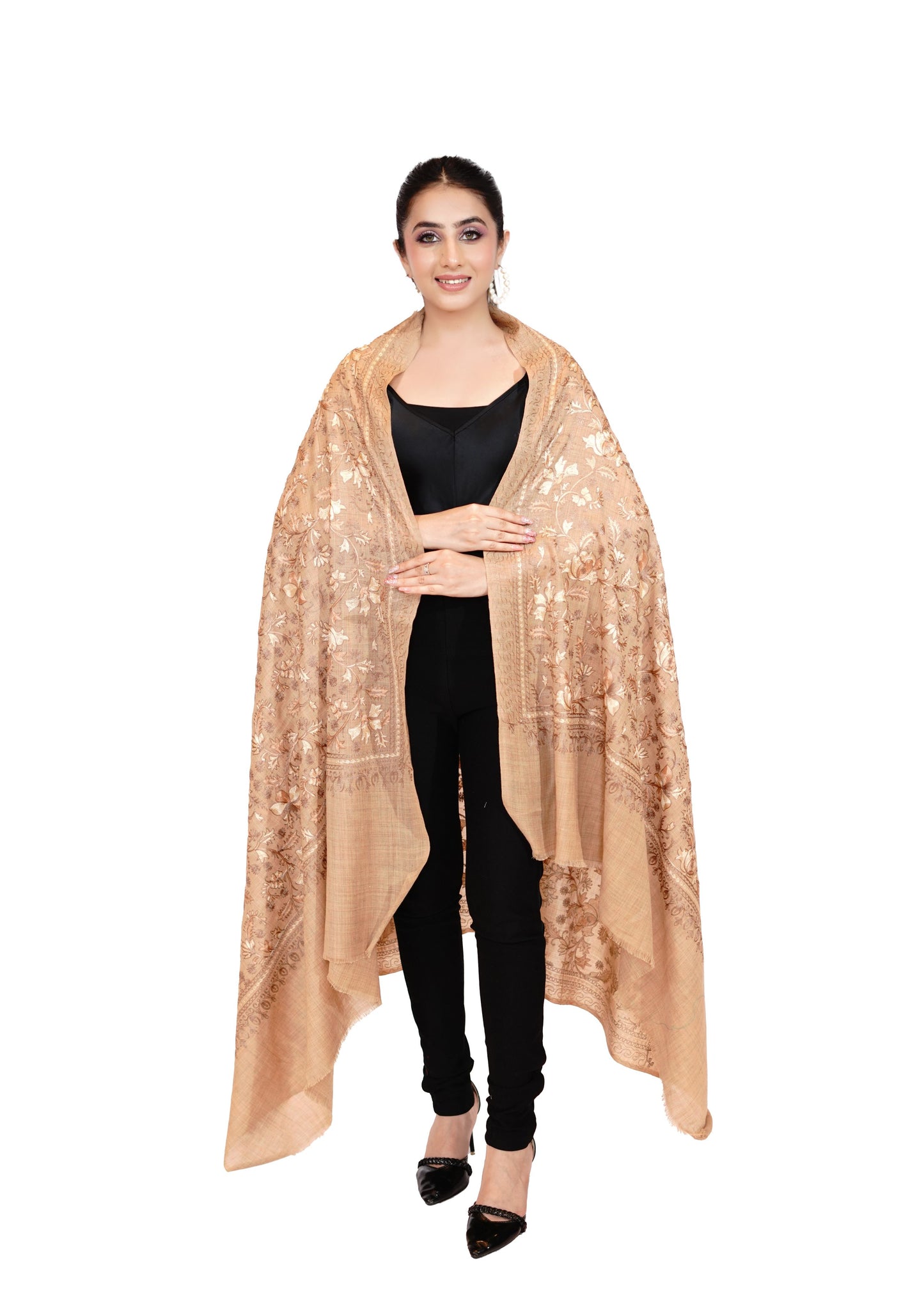 Heritage Aari Embroidery Woollen Shawl for Women - Peach