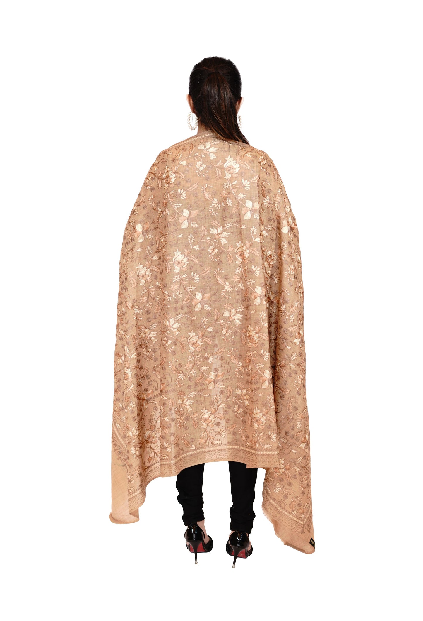 Heritage Aari Embroidery Woollen Shawl for Women - Peach