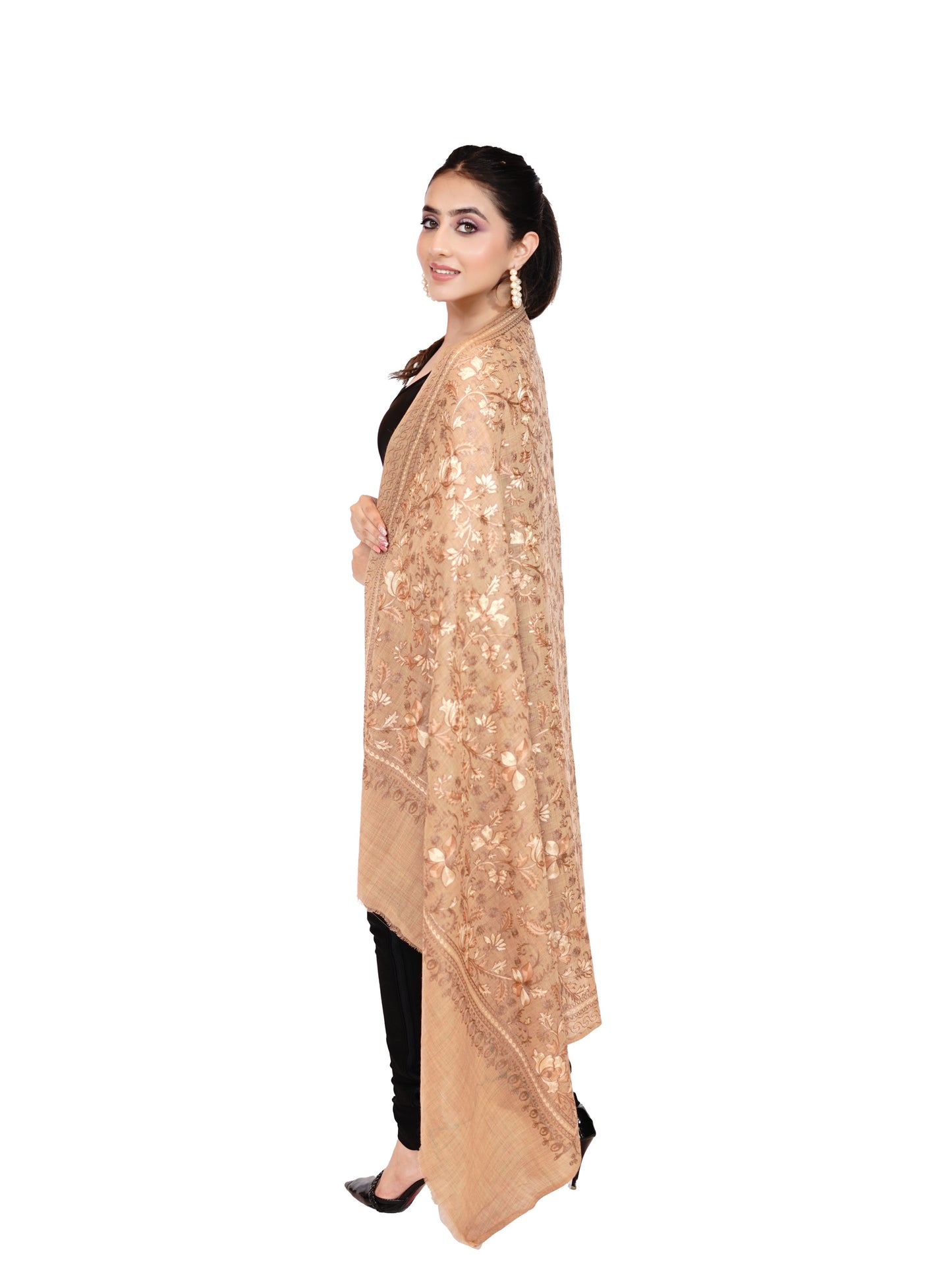 Heritage Aari Embroidery Woollen Shawl for Women - Peach