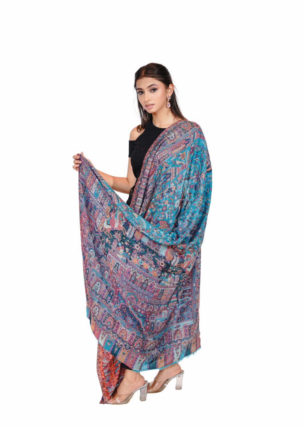 Heritage Mughal Darbaar Woolen Shawl for Women - Shimmering Blue