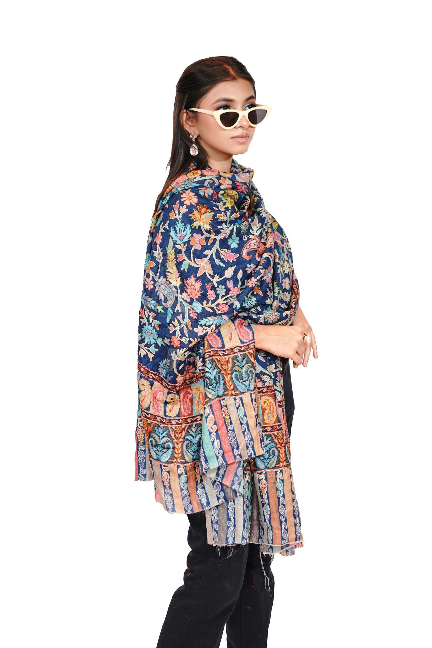 Heritage Royal Blue Hand Embroidered Printed Shawl for Women