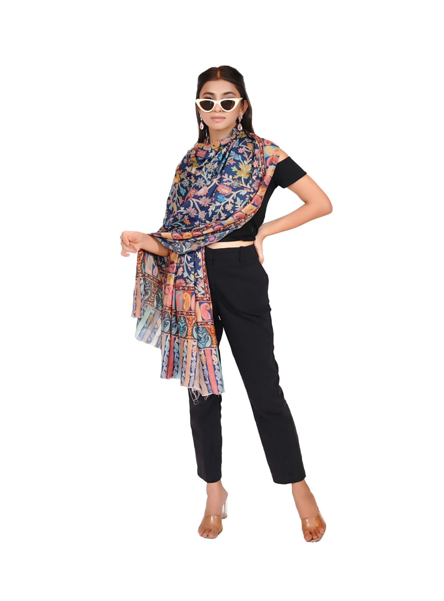 Heritage Royal Blue Hand Embroidered Printed Shawl for Women
