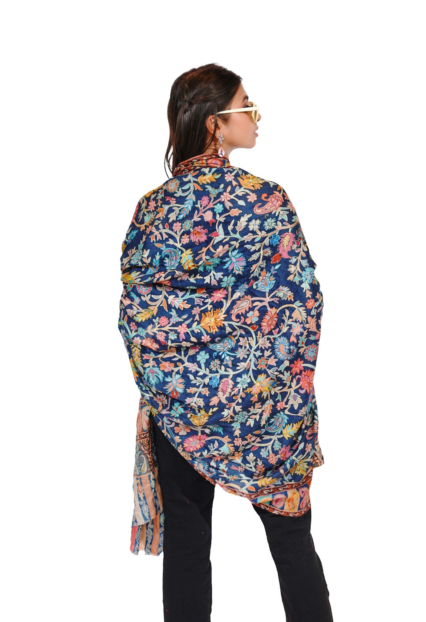 Heritage Royal Blue Hand Embroidered Printed Shawl for Women