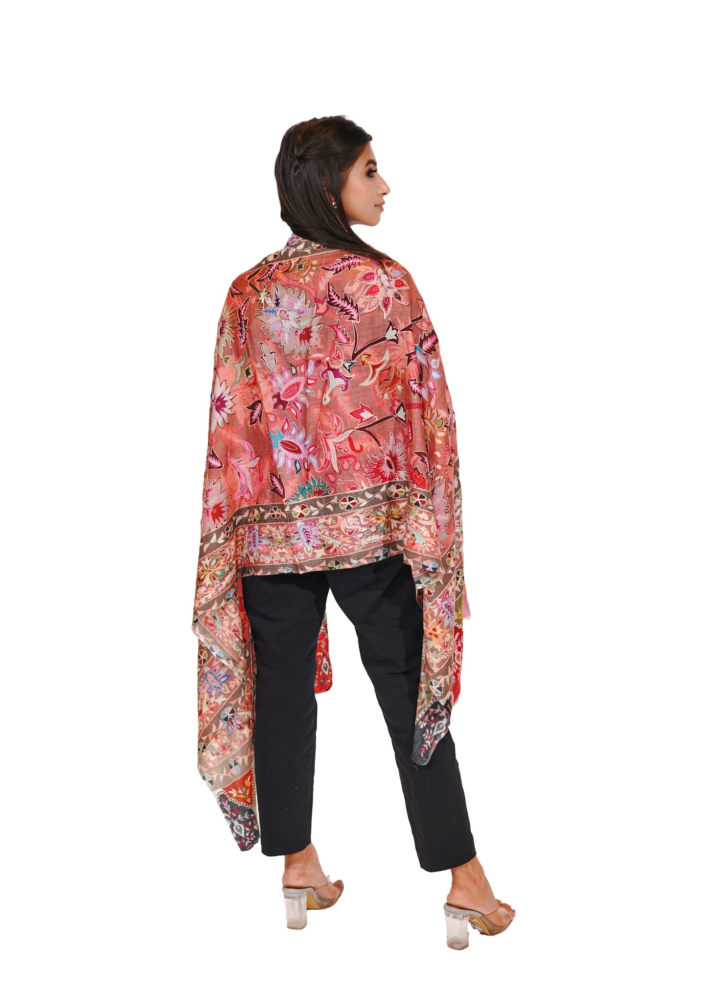 Heritage Hand Embroidered Printed Stole for Women - Warm Peach