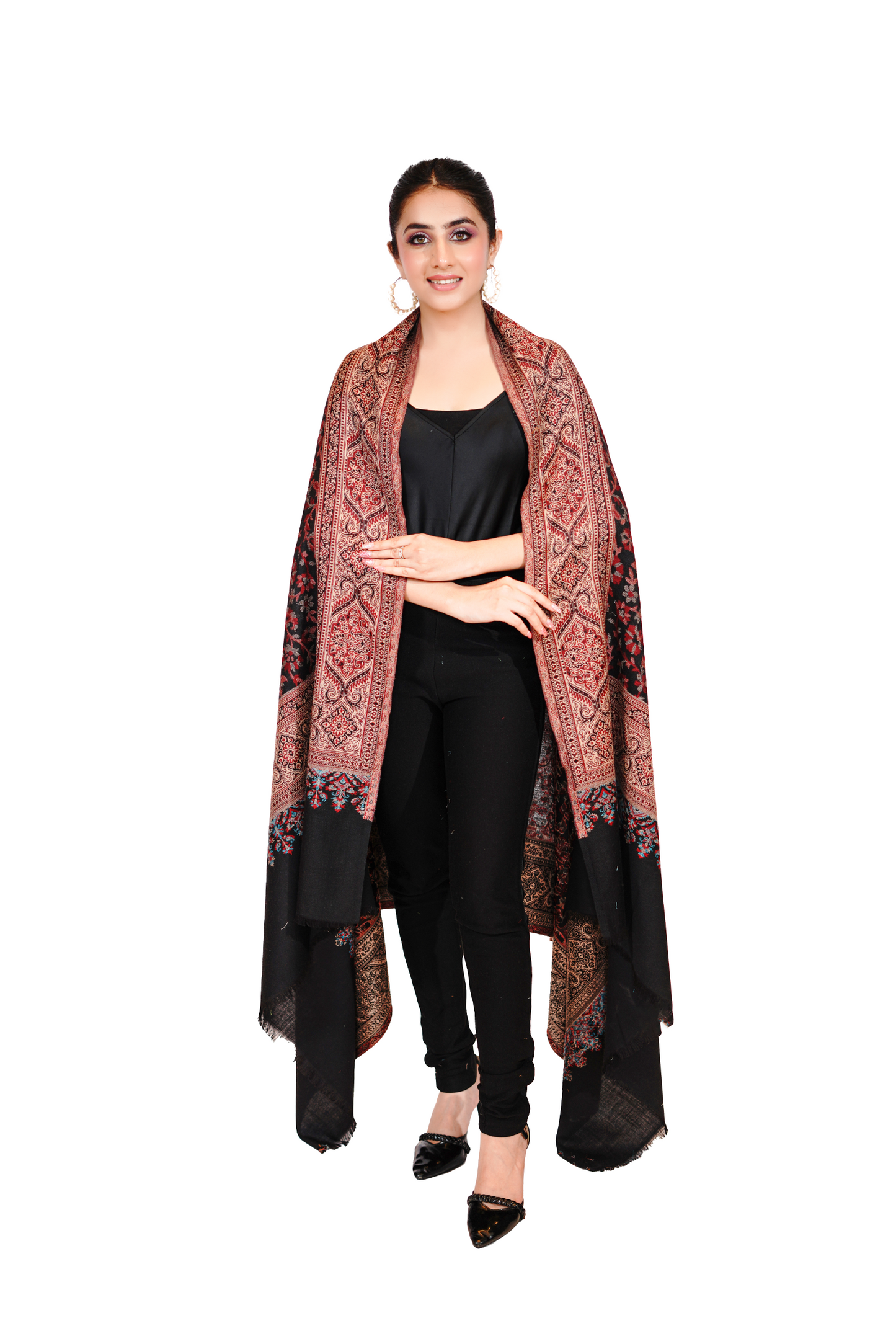 Pashmina Faux Traditional Jamawar Jaal Shawl - Classic Black