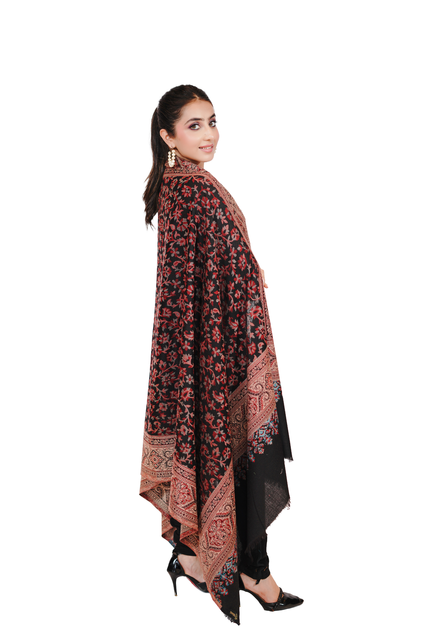 Pashmina Faux Traditional Jamawar Jaal Shawl - Classic Black