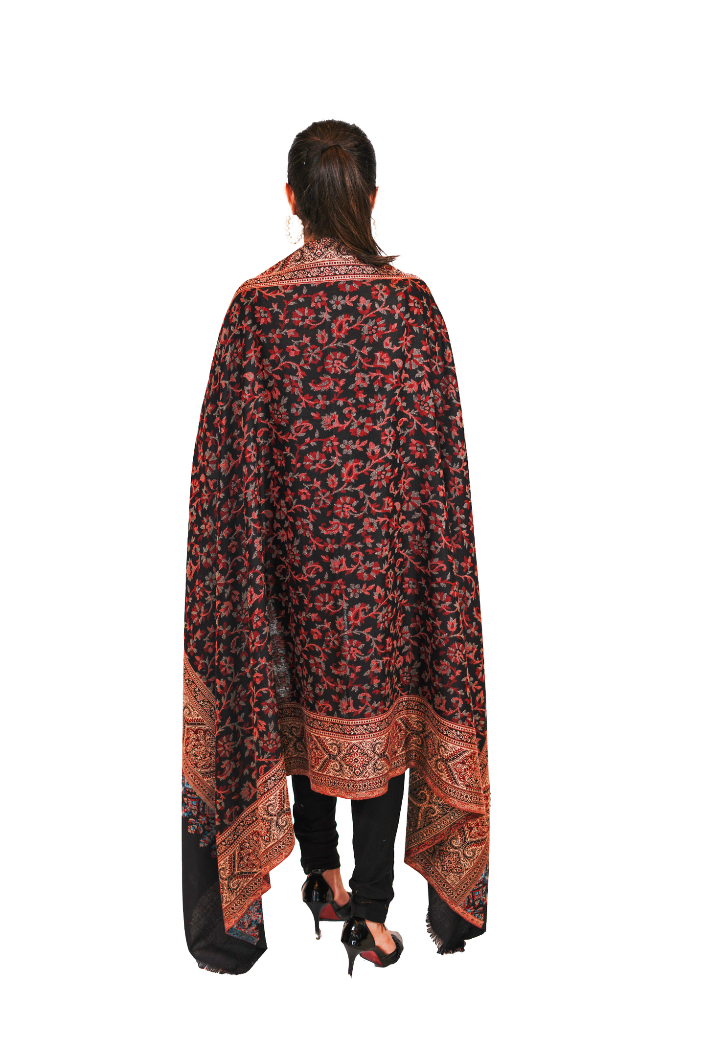 Pashmina Faux Traditional Jamawar Jaal Shawl - Classic Black