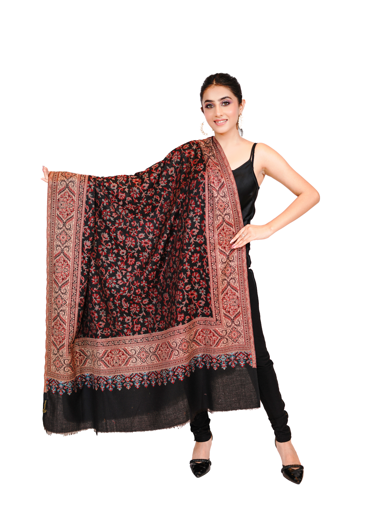 Pashmina Faux Traditional Jamawar Jaal Shawl - Classic Black