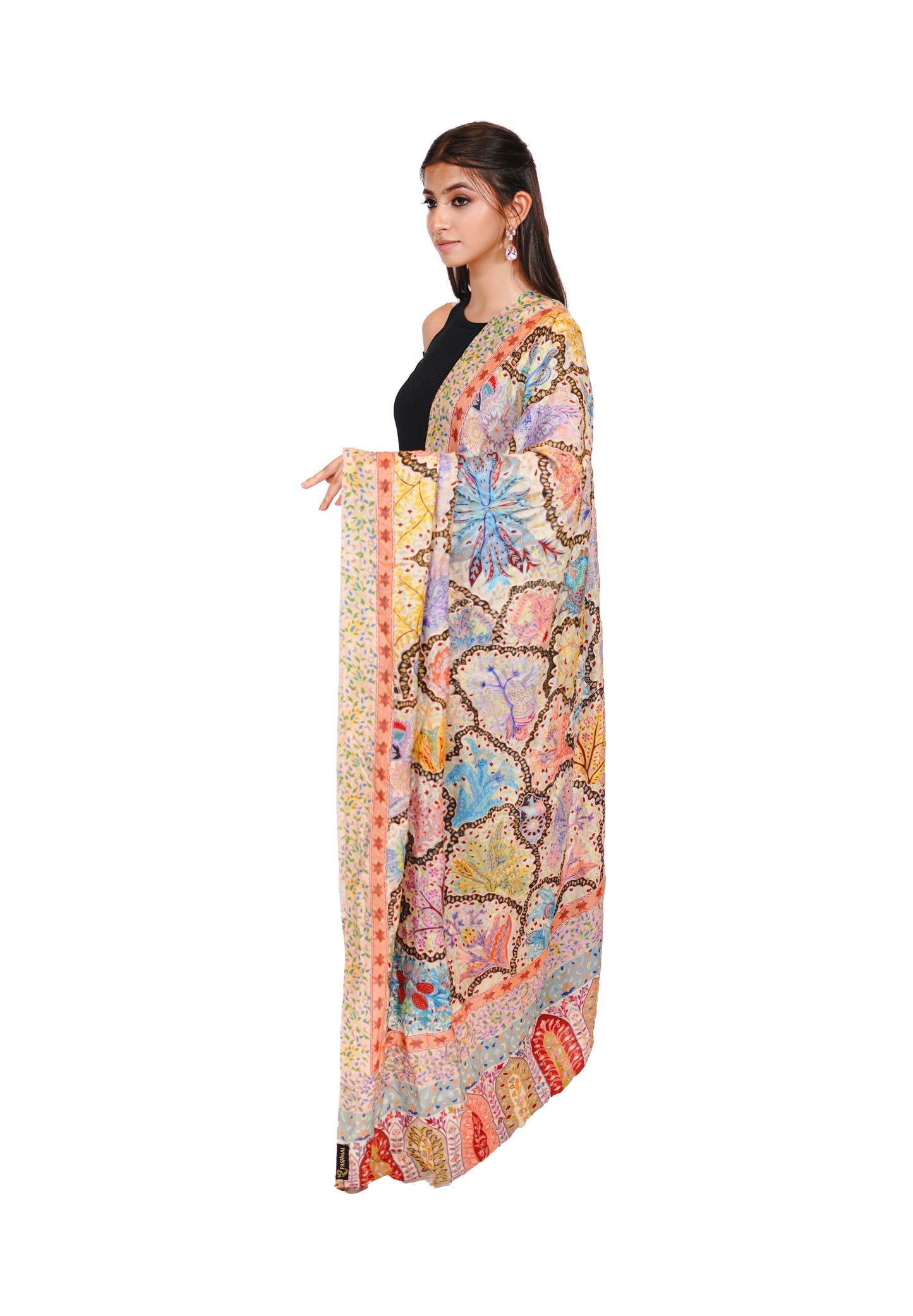 Heritage Pastel Hand Embroidered Printed Shawl for Women